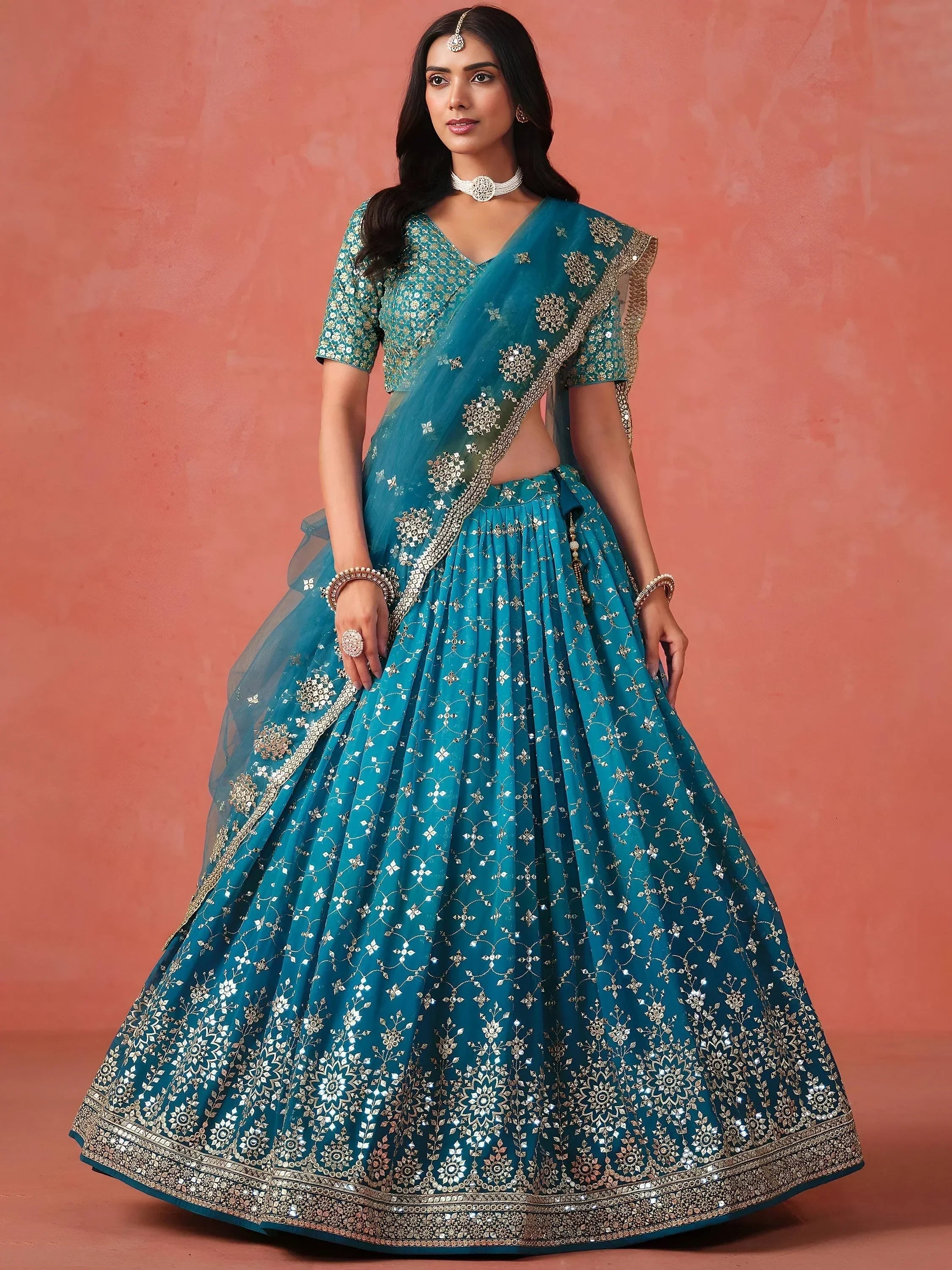 Teal Gorgeous Georgette Zari Embroidered Lehenga Choli With Dupatta
