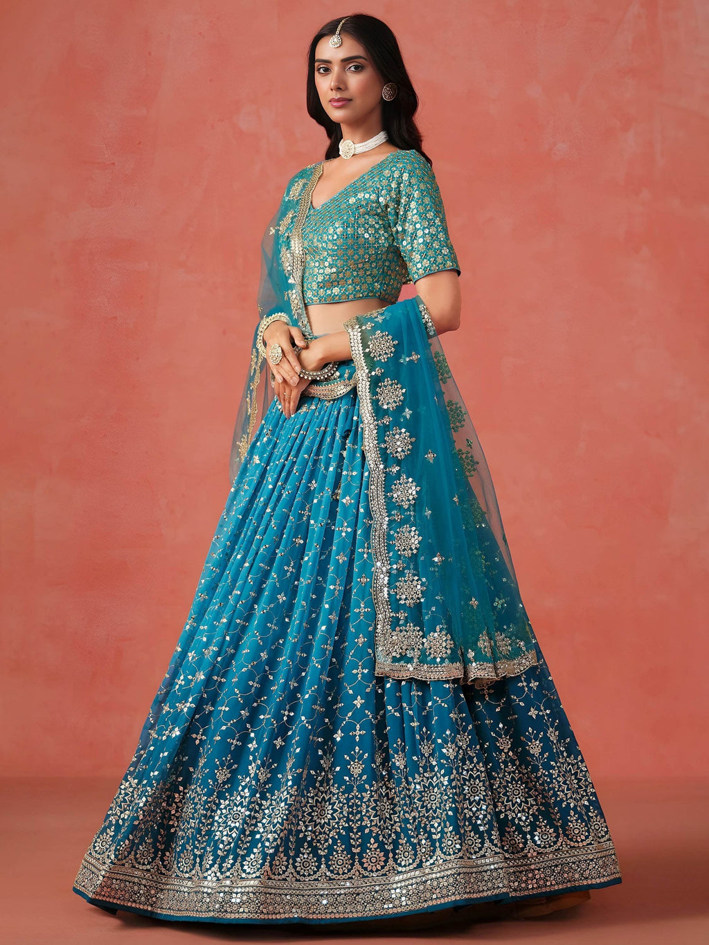 Teal Gorgeous Georgette Zari Embroidered Lehenga Choli With Dupatta
