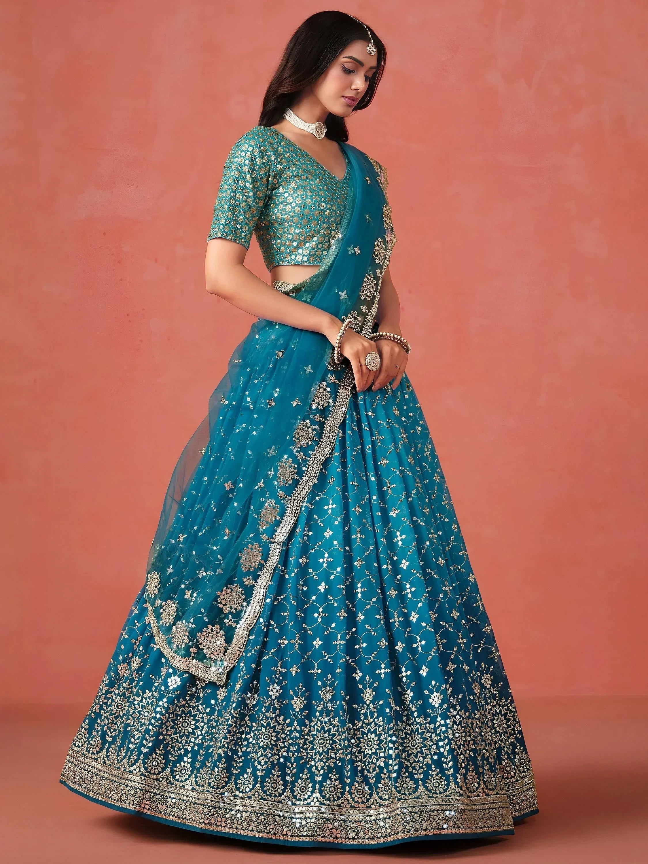 Teal Gorgeous Georgette Zari Embroidered Lehenga Choli With Dupatta