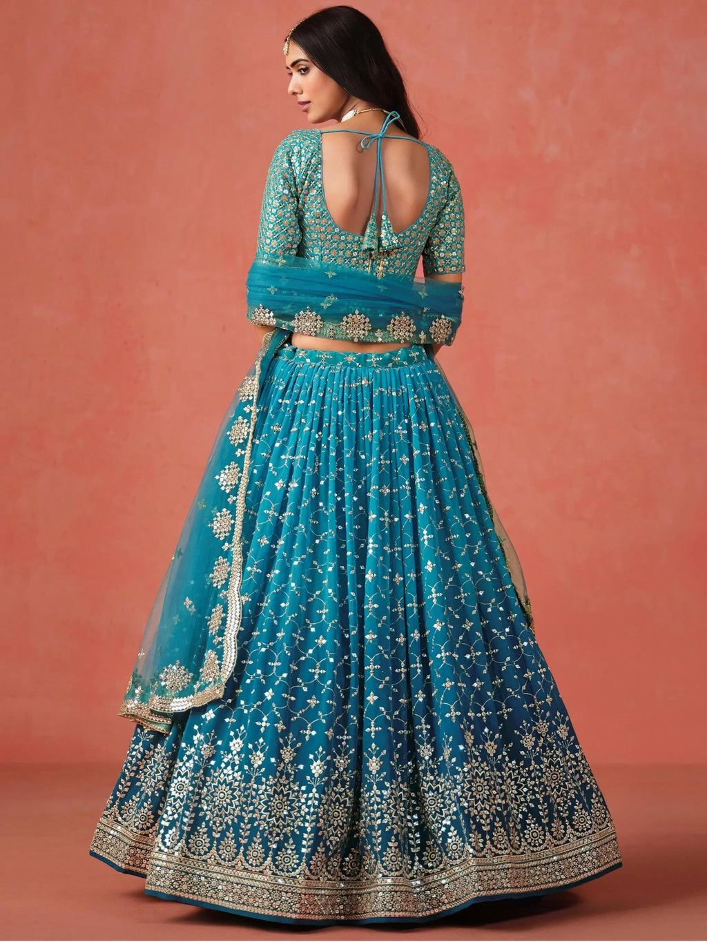 Teal Gorgeous Georgette Zari Embroidered Lehenga Choli With Dupatta