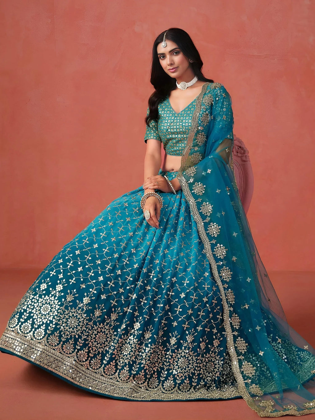 Teal Gorgeous Georgette Zari Embroidered Lehenga Choli With Dupatta