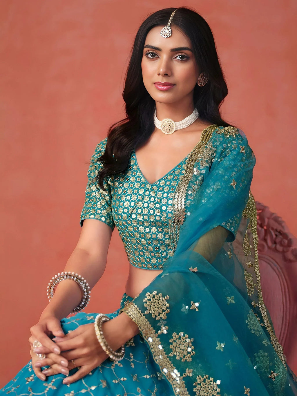 Teal Gorgeous Georgette Zari Embroidered Lehenga Choli With Dupatta