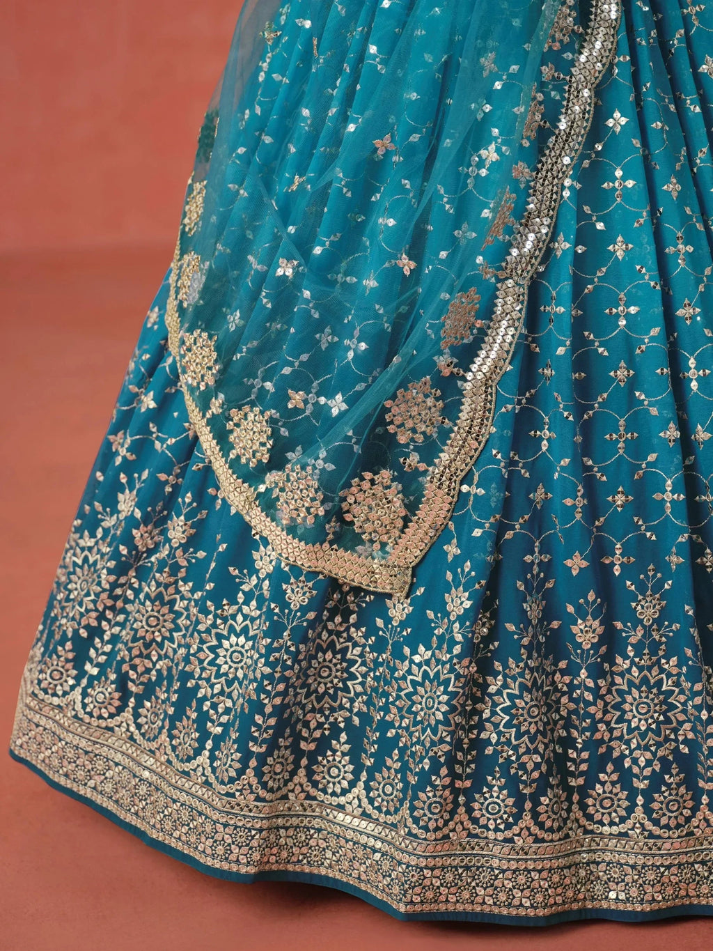 Teal Gorgeous Georgette Zari Embroidered Lehenga Choli With Dupatta