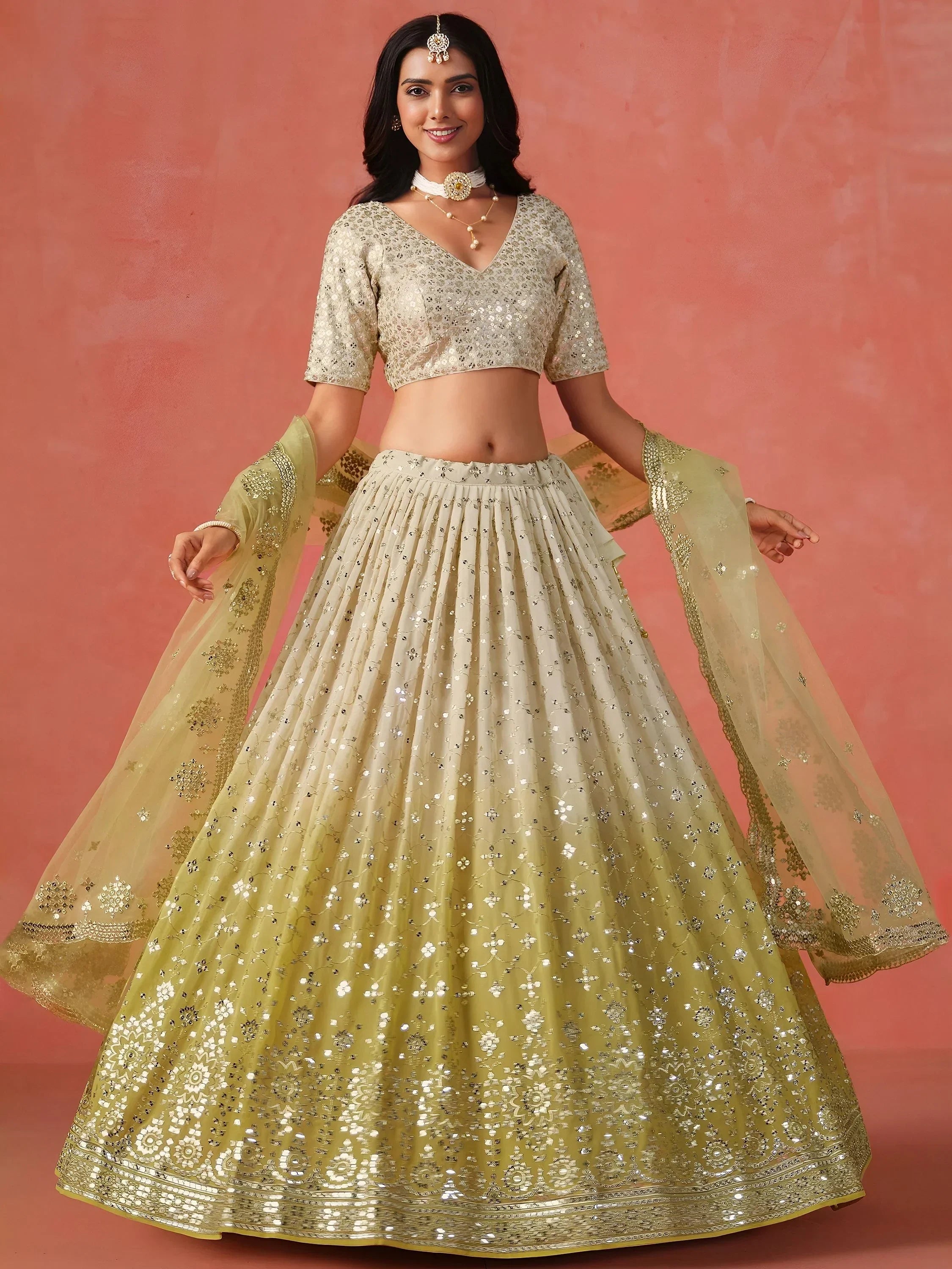 Yellow Gorgeous Georgette Zari Embroidered Lehenga Choli With Dupatta