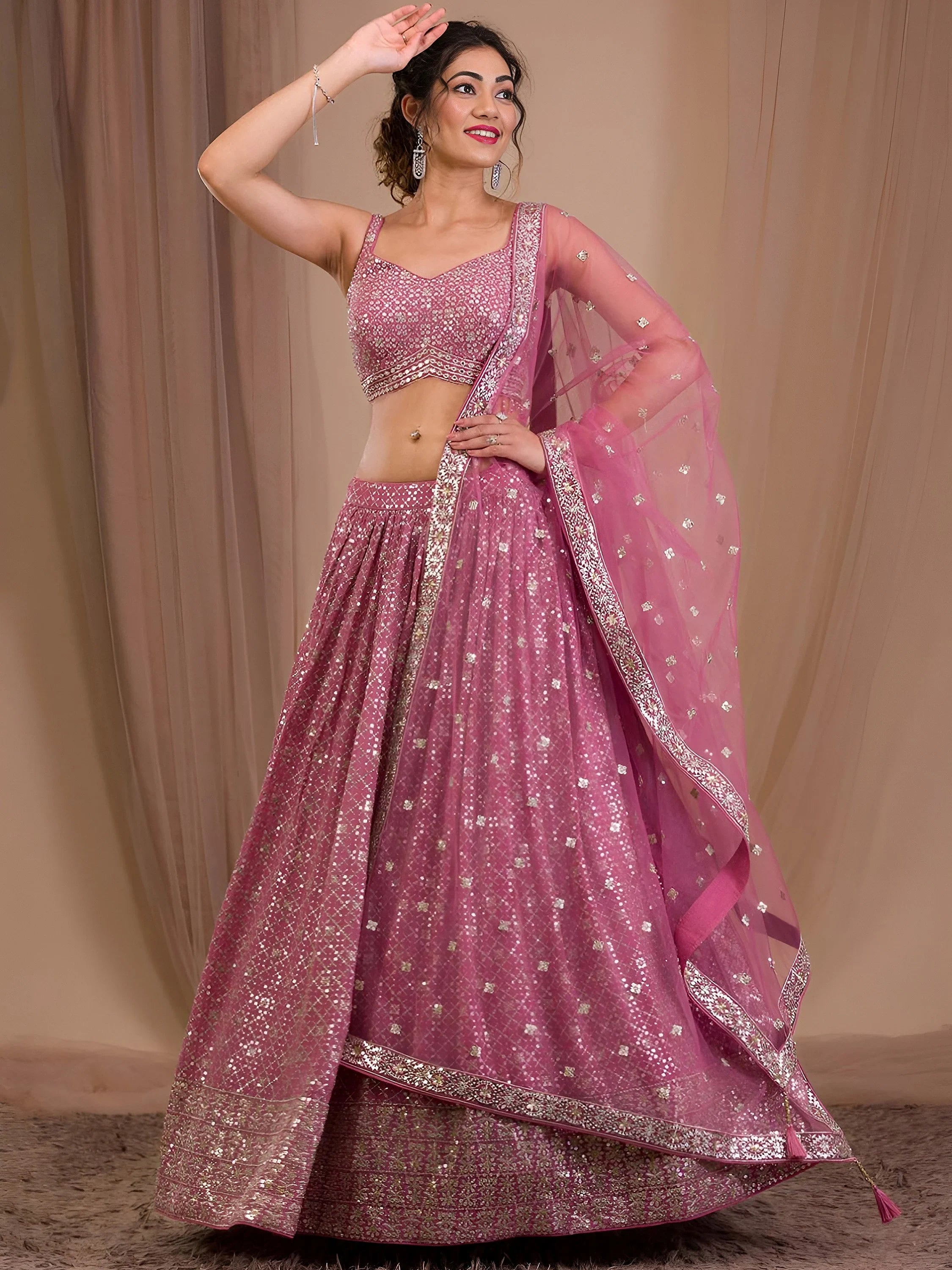 Pink Adorable Sequins Georgette Wedding Lehenga Choli With Dupatta