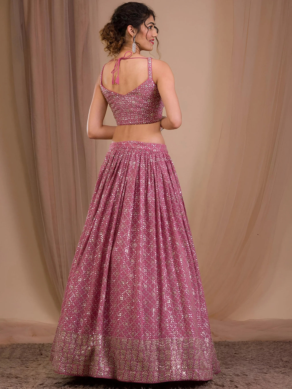 Pink Adorable Sequins Georgette Wedding Lehenga Choli With Dupatta