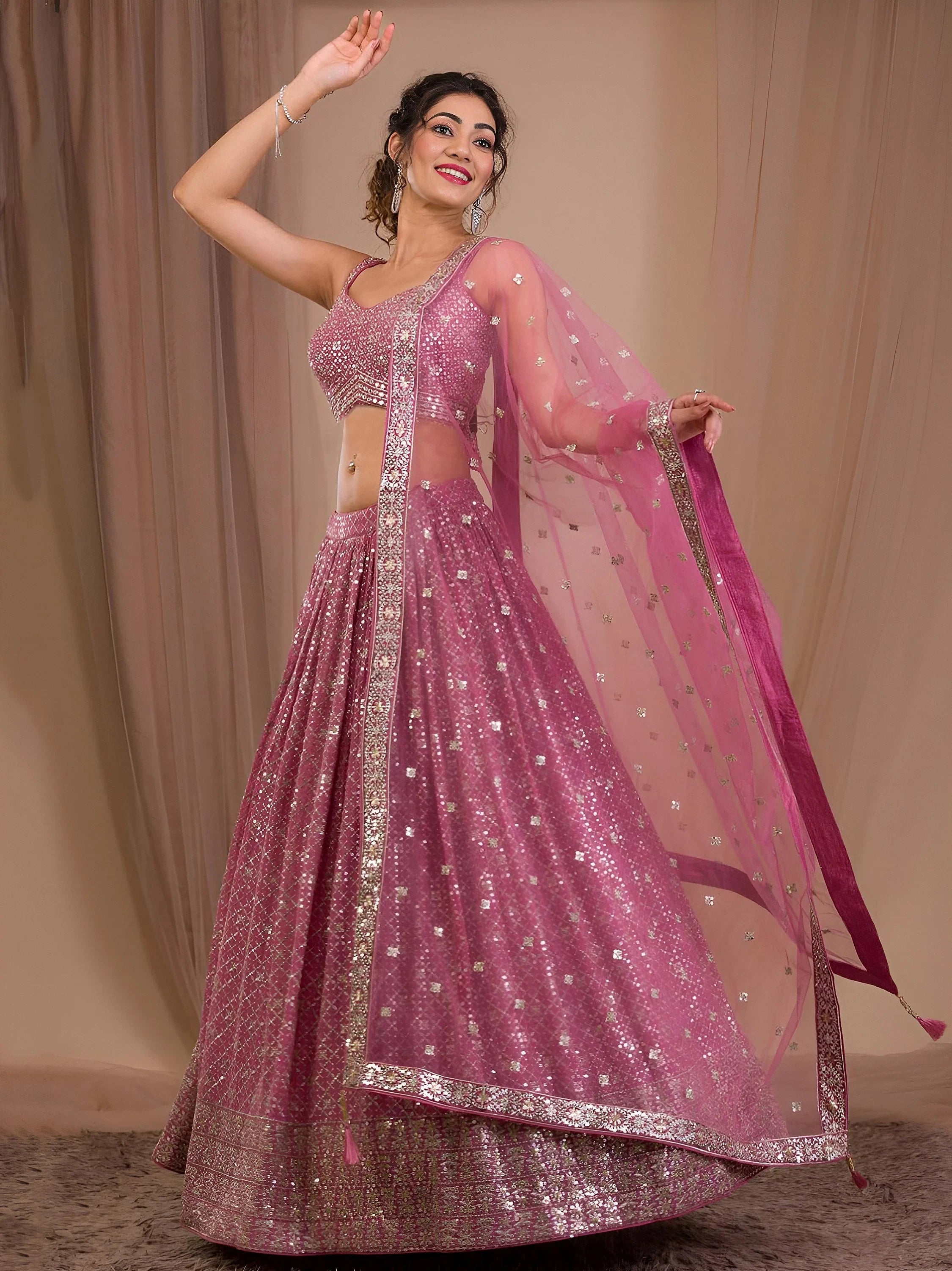 Pink Adorable Sequins Georgette Wedding Lehenga Choli With Dupatta