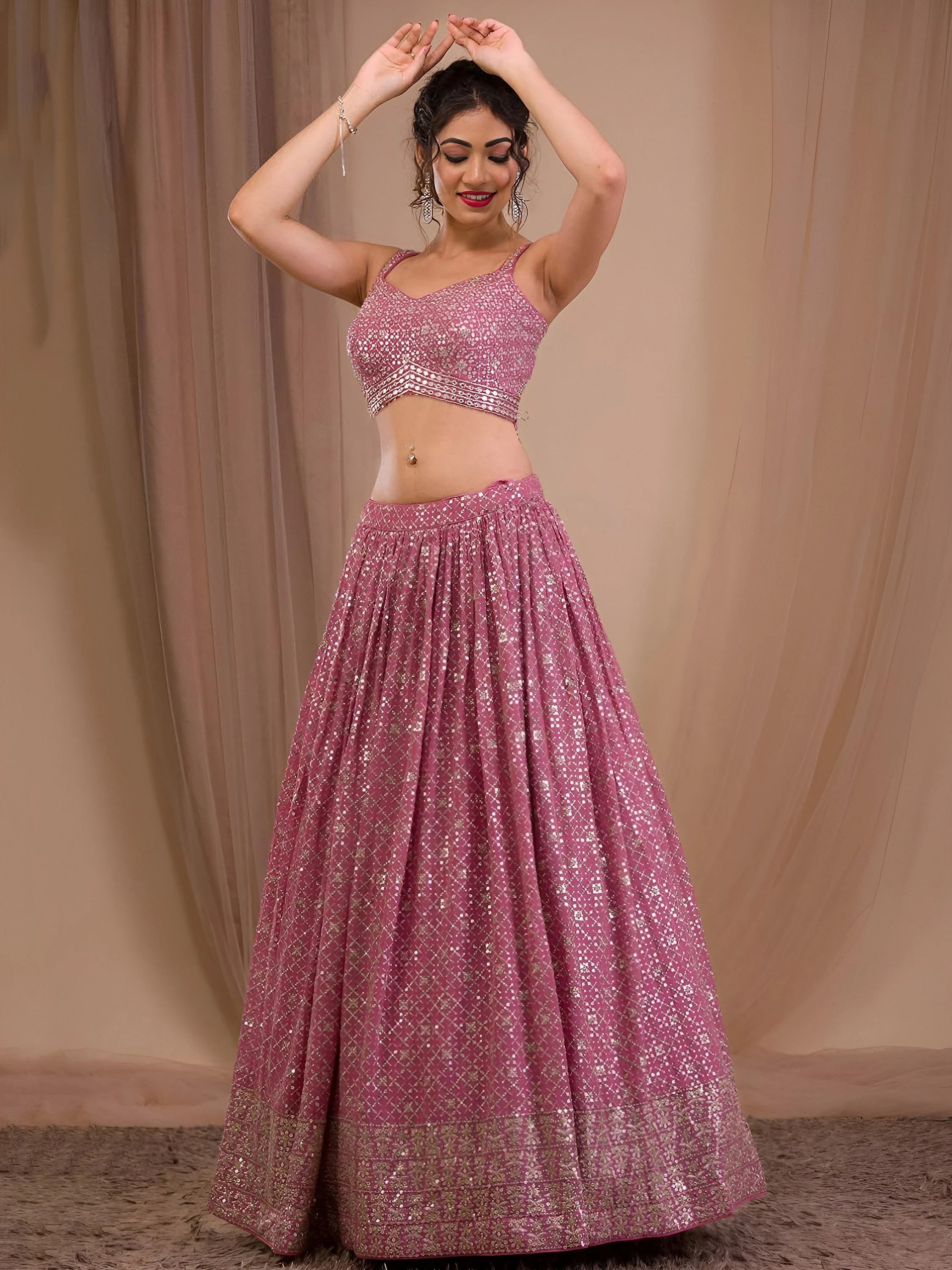 Pink Adorable Sequins Georgette Wedding Lehenga Choli With Dupatta