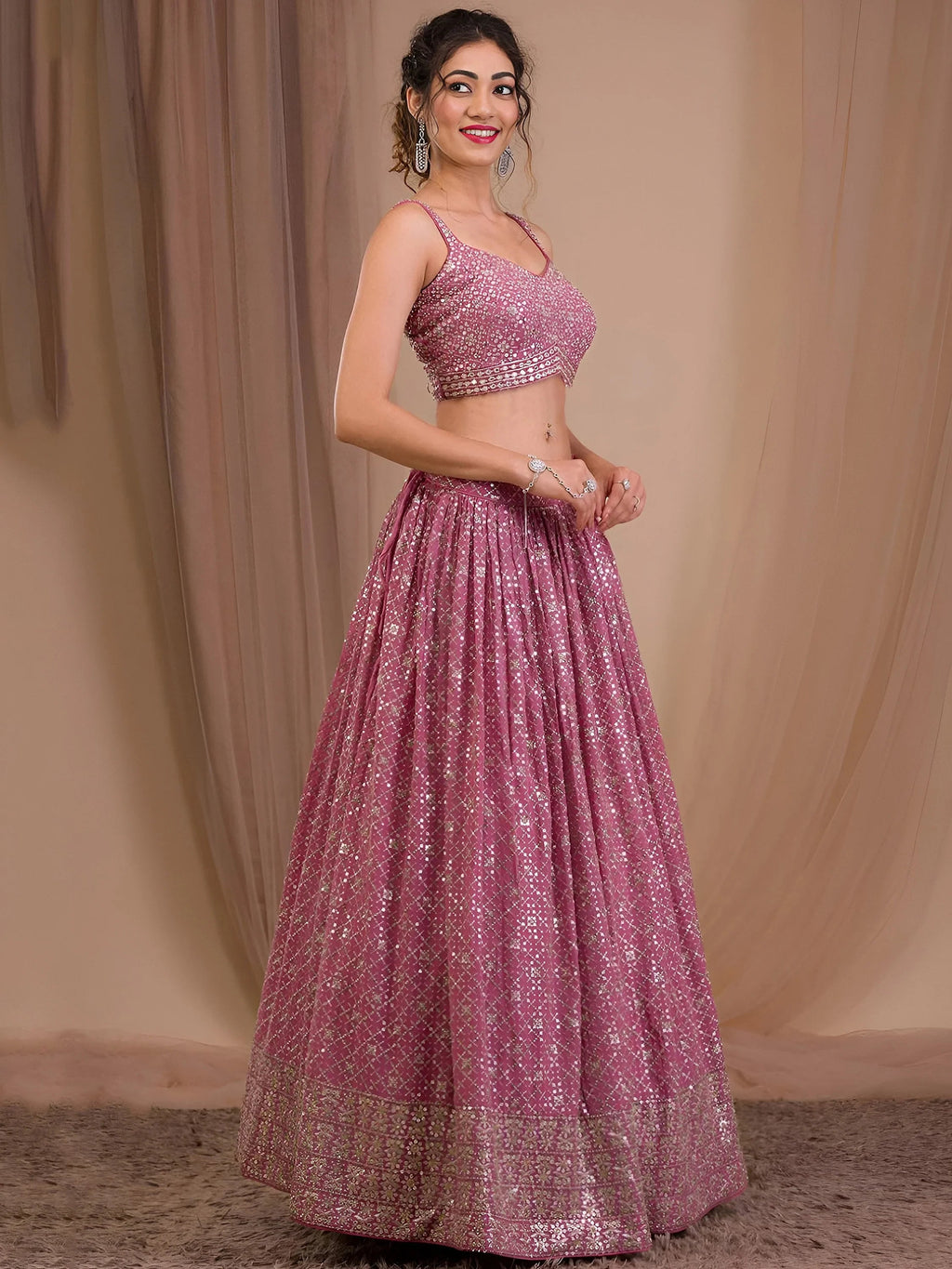 Pink Adorable Sequins Georgette Wedding Lehenga Choli With Dupatta
