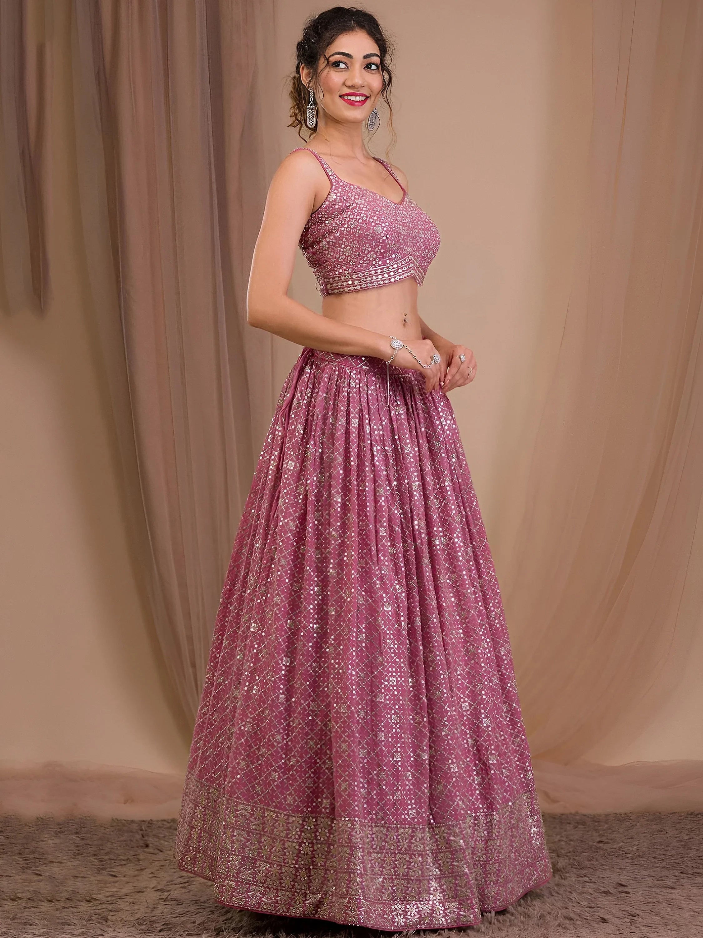 Pink Adorable Sequins Georgette Wedding Lehenga Choli With Dupatta