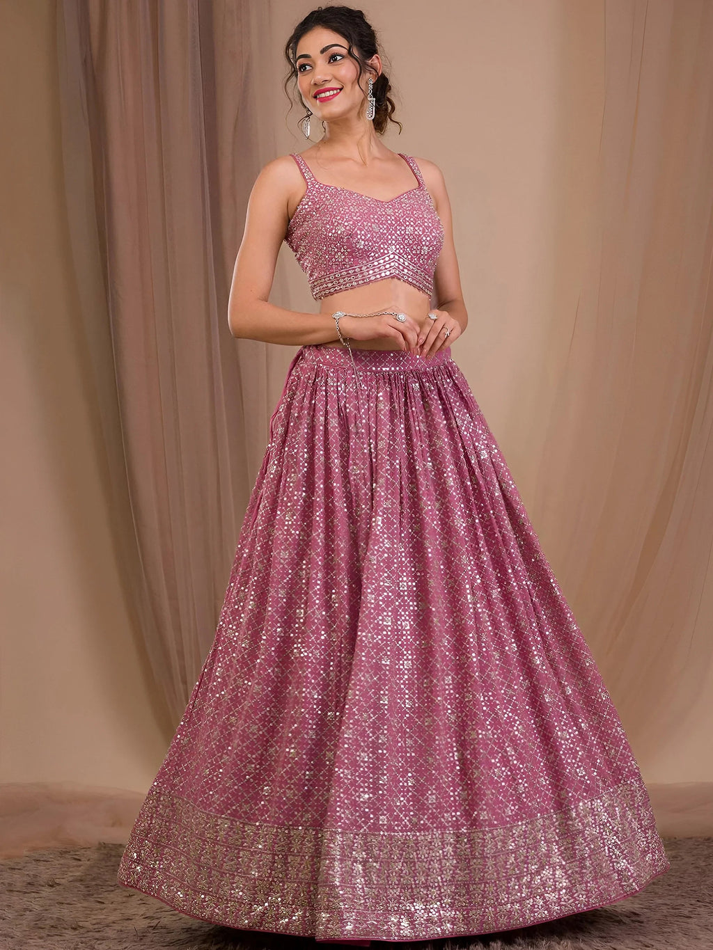 Pink Adorable Sequins Georgette Wedding Lehenga Choli With Dupatta