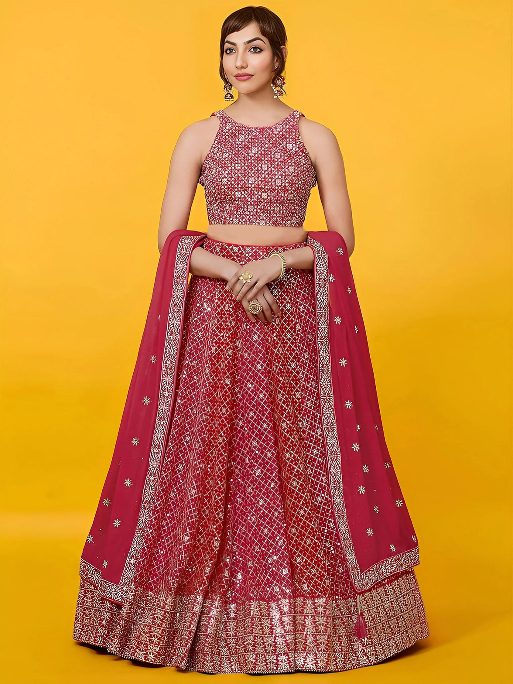 Red Adorable Sequins Georgette Wedding Lehenga Choli With Dupatta