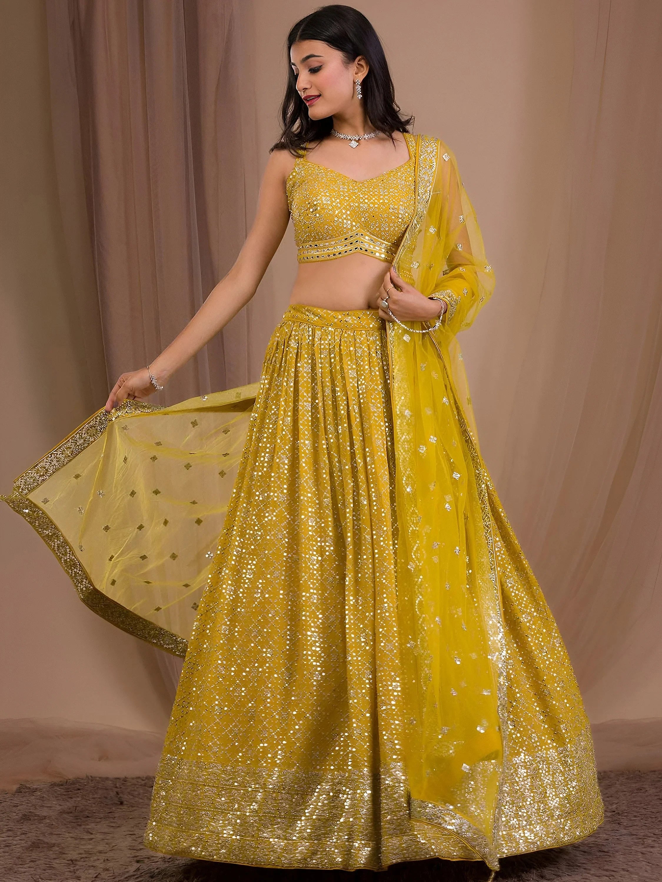 Yellow Adorable Sequins Georgette Wedding Lehenga Choli With Dupatta