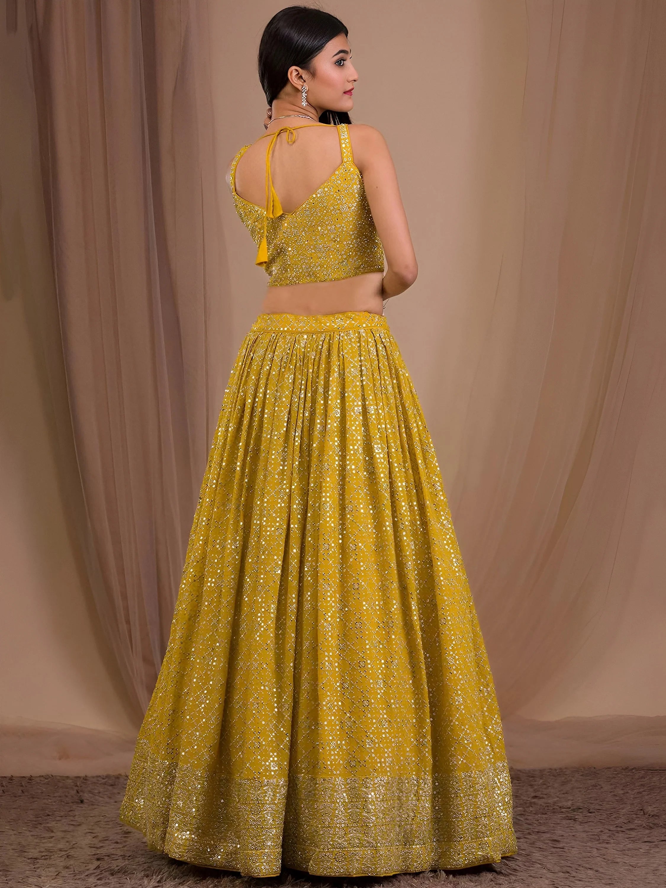 Yellow Adorable Sequins Georgette Wedding Lehenga Choli With Dupatta