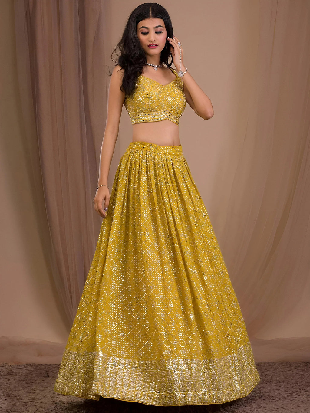 Yellow Adorable Sequins Georgette Wedding Lehenga Choli With Dupatta