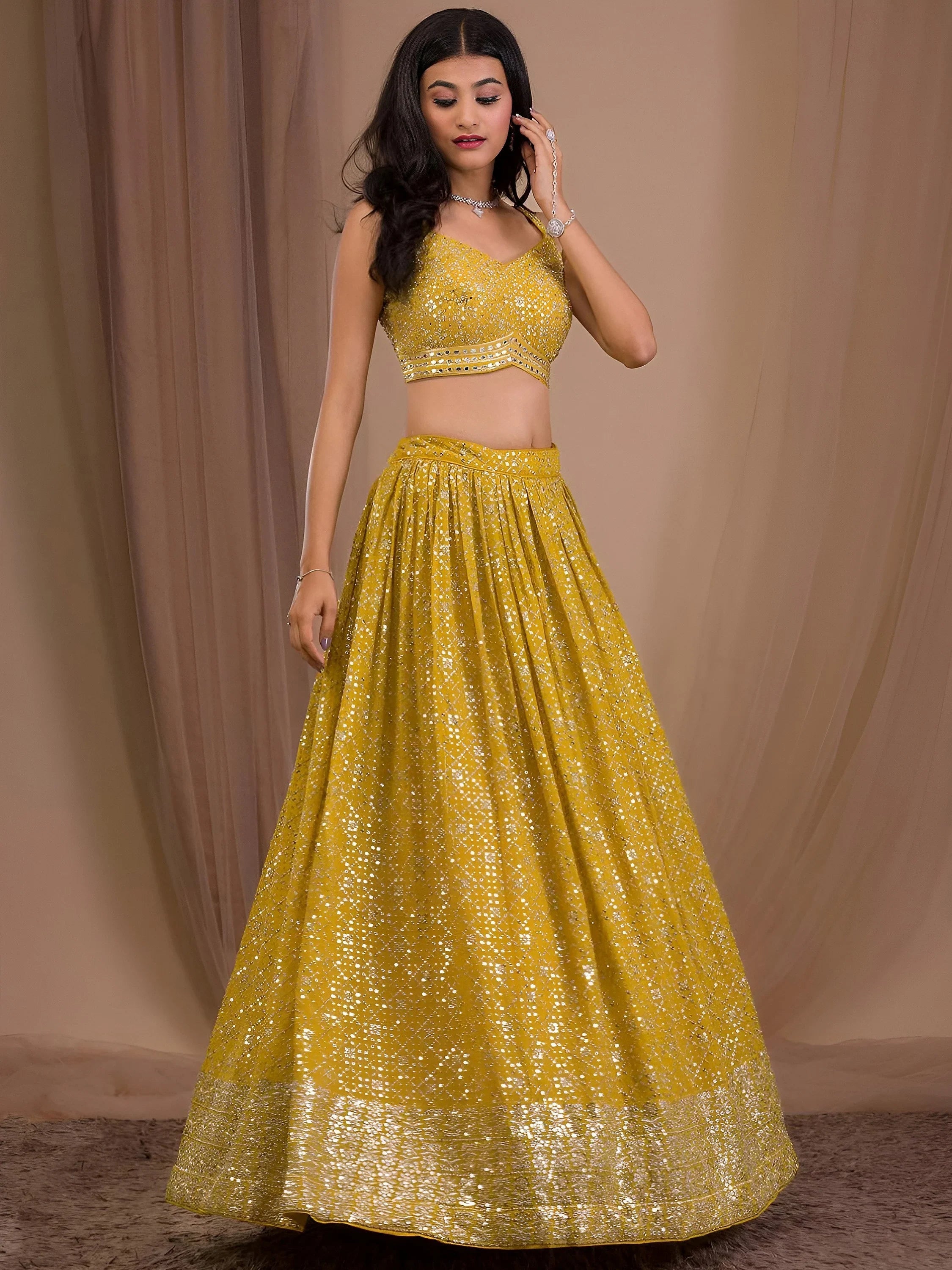 Yellow Adorable Sequins Georgette Wedding Lehenga Choli With Dupatta