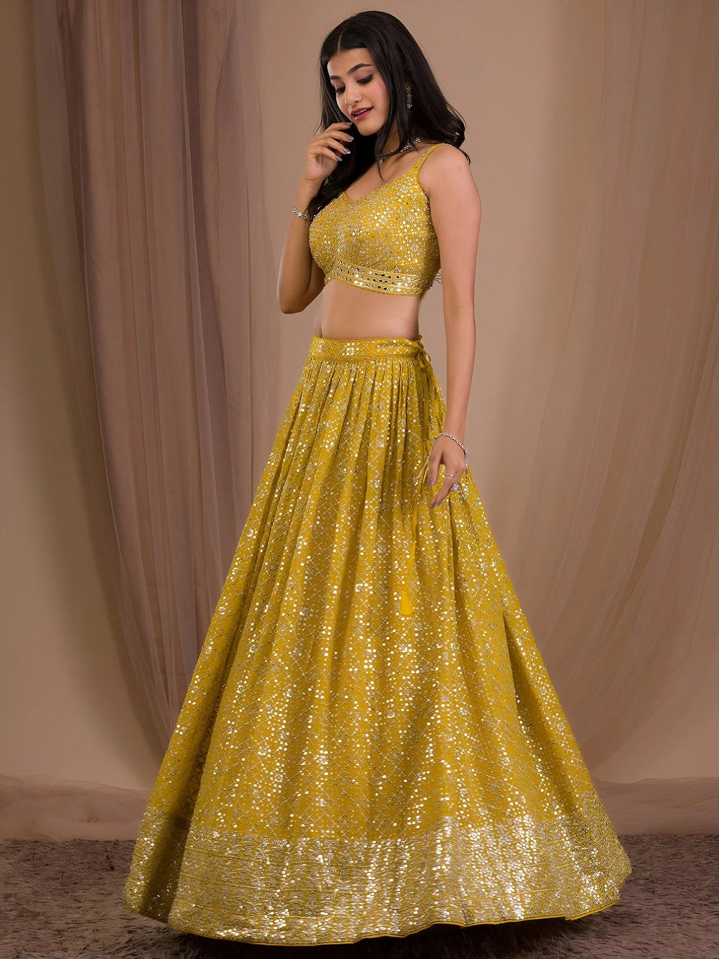 Yellow Adorable Sequins Georgette Wedding Lehenga Choli With Dupatta