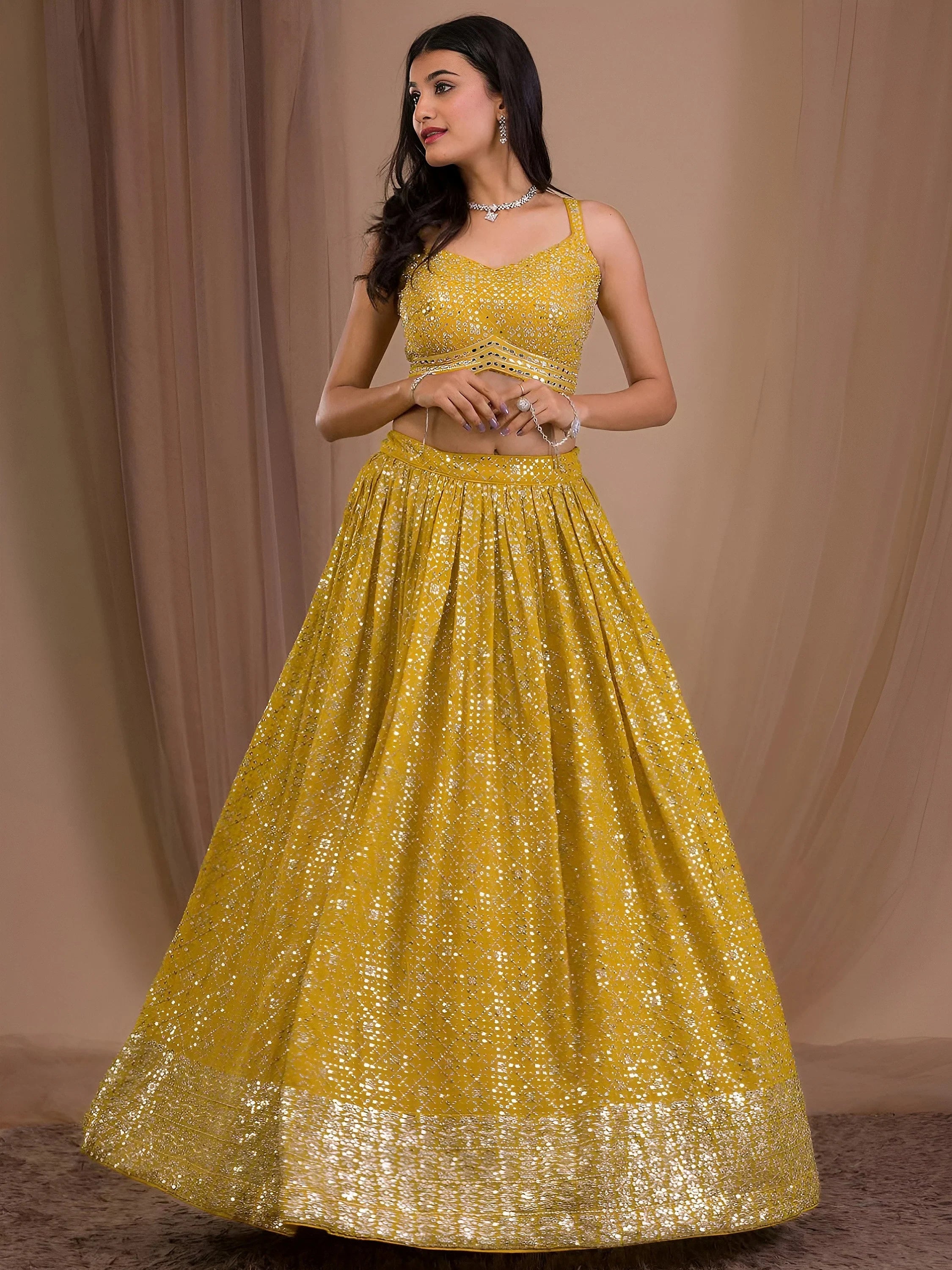 Yellow Adorable Sequins Georgette Wedding Lehenga Choli With Dupatta