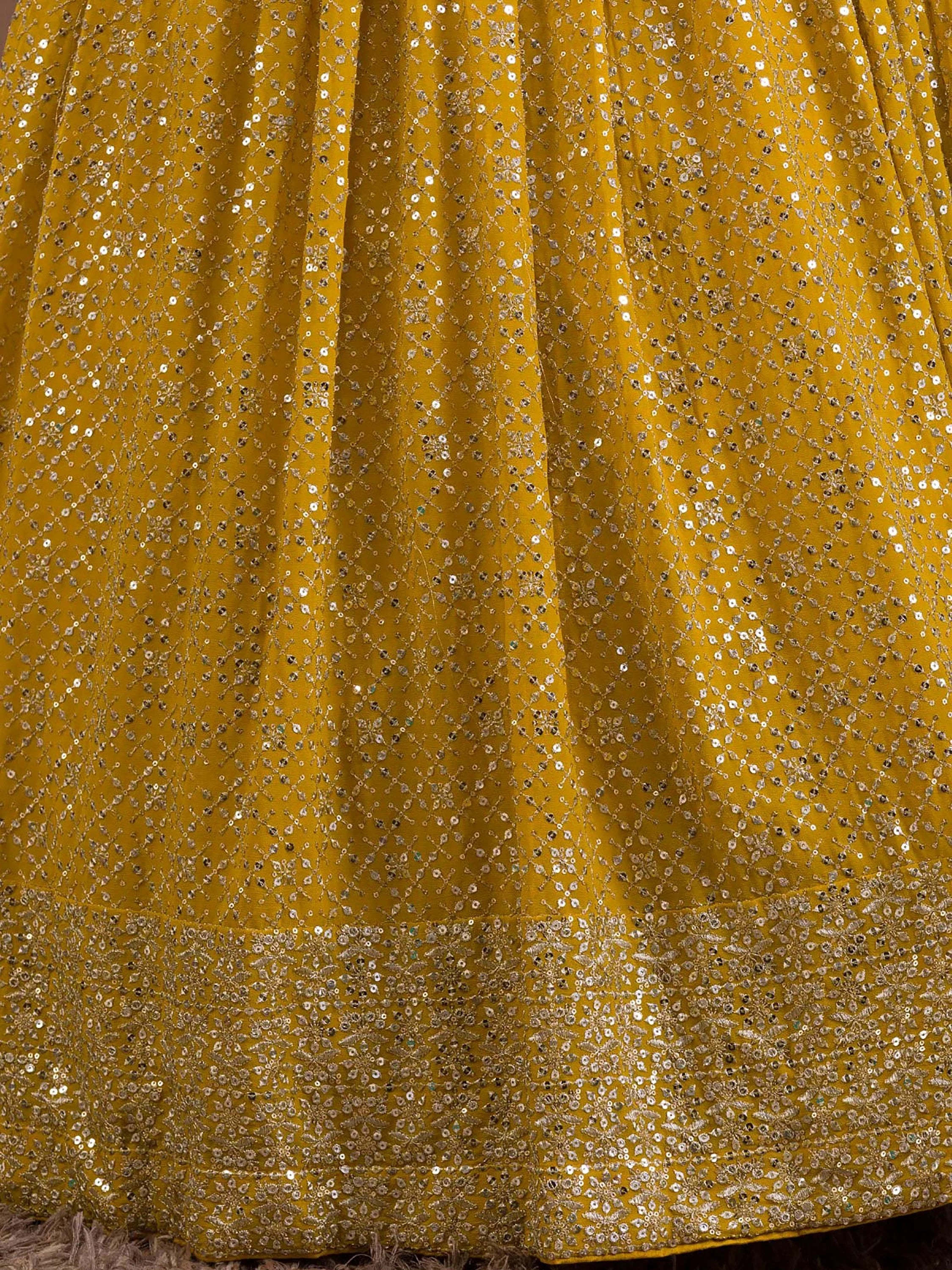 Yellow Adorable Sequins Georgette Wedding Lehenga Choli With Dupatta