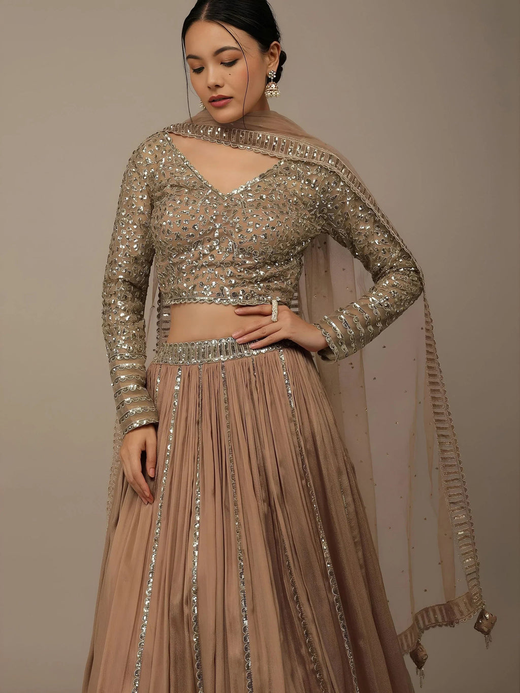 Beige Gorgeous Sequins Georgette Party Wear Lehenga Choli