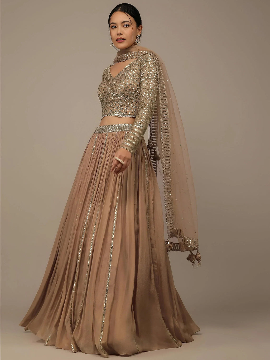 Beige Gorgeous Sequins Georgette Party Wear Lehenga Choli