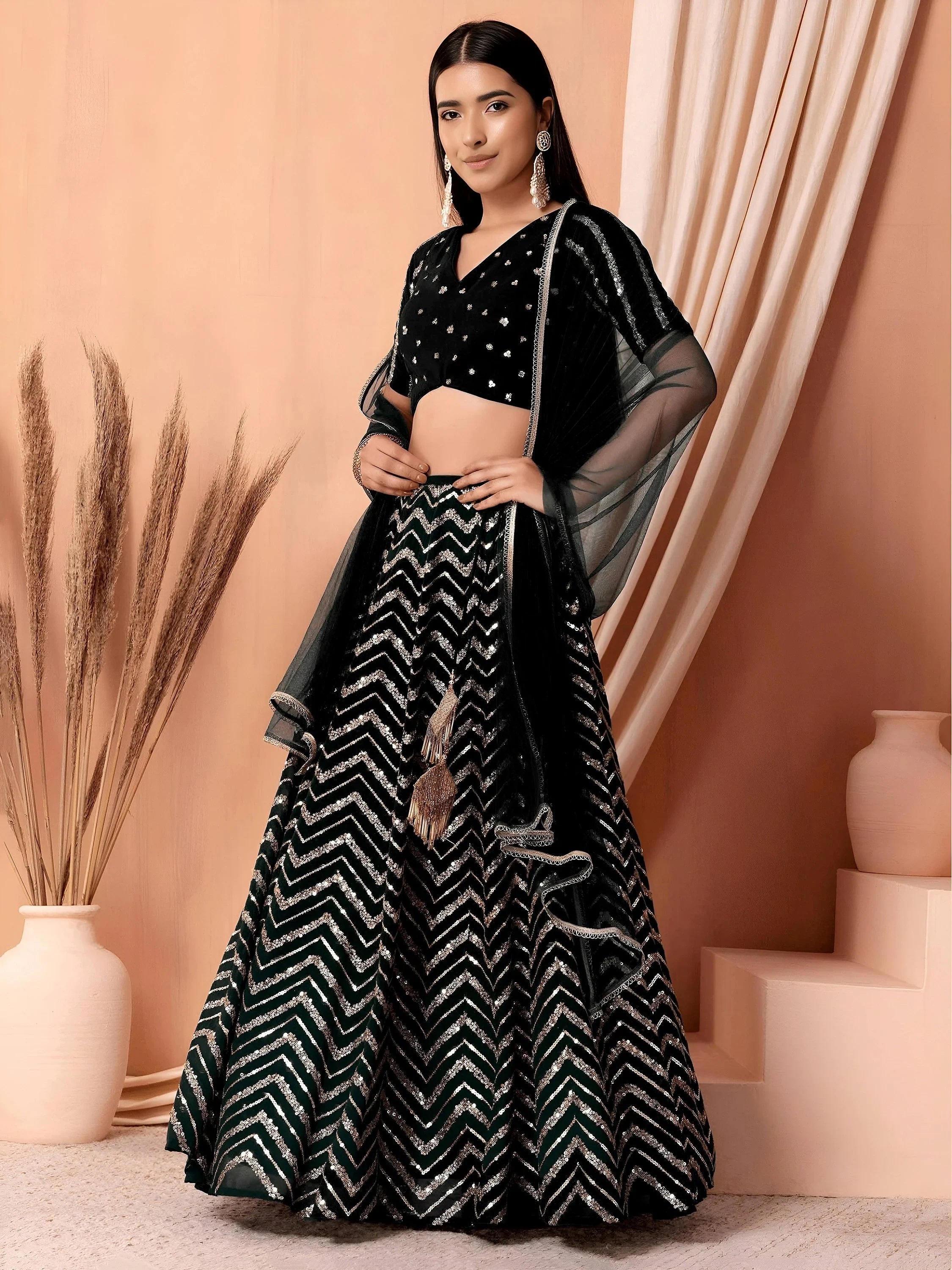 Black Lovely Zari Embroidered Georgette Reception Wear Lehenga Choli