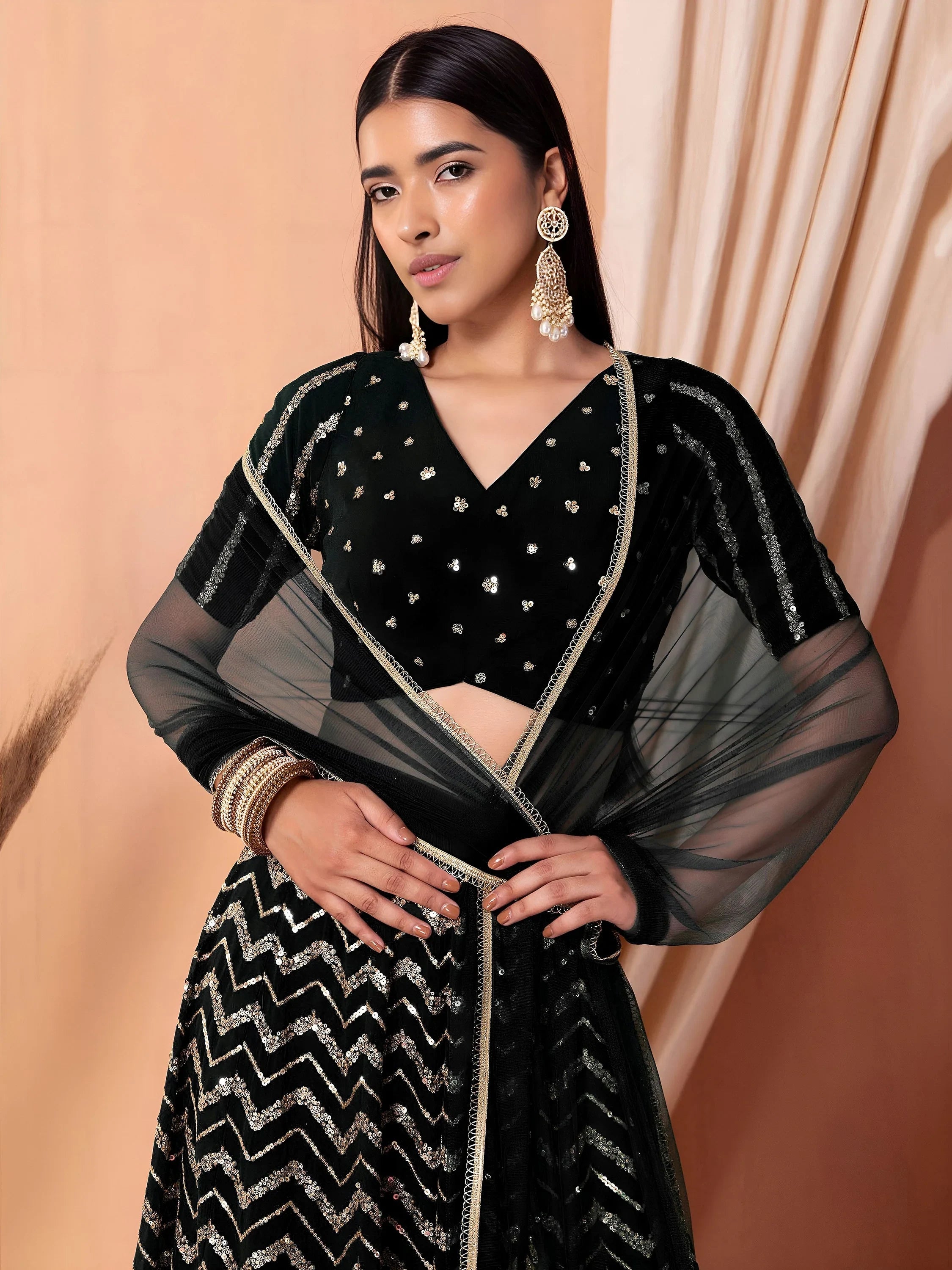 Black Lovely Zari Embroidered Georgette Reception Wear Lehenga Choli