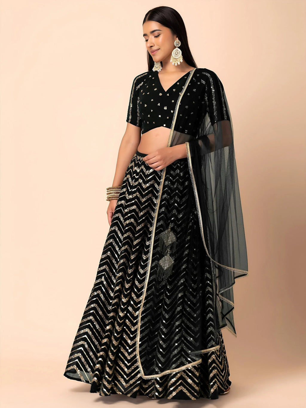 Black Lovely Zari Embroidered Georgette Reception Wear Lehenga Choli
