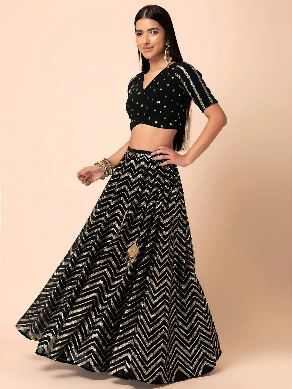 Black Lovely Zari Embroidered Georgette Reception Wear Lehenga Choli