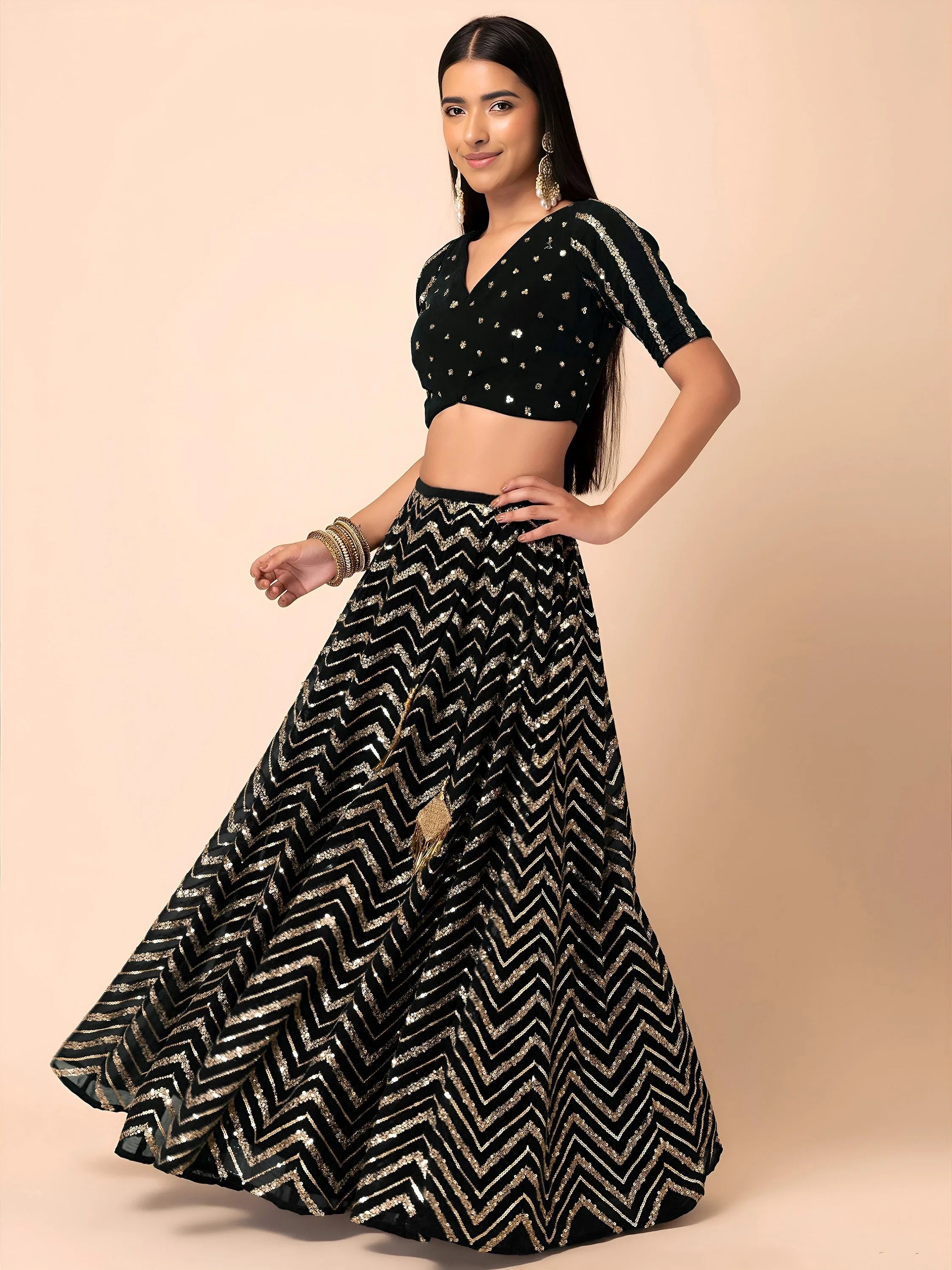 Black Lovely Zari Embroidered Georgette Reception Wear Lehenga Choli