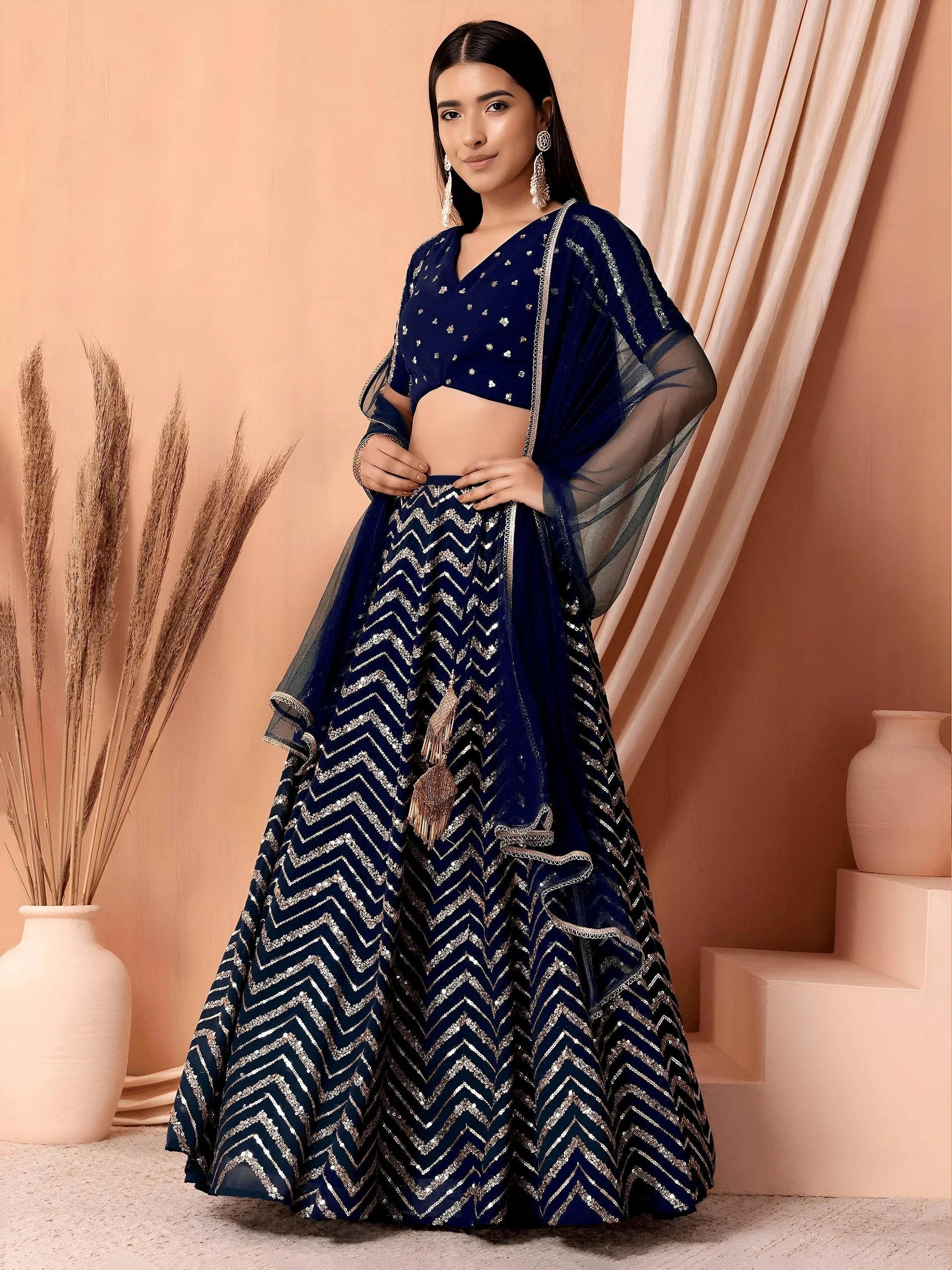 Navy Lovely Zari Embroidered Georgette Reception Wear Lehenga Choli