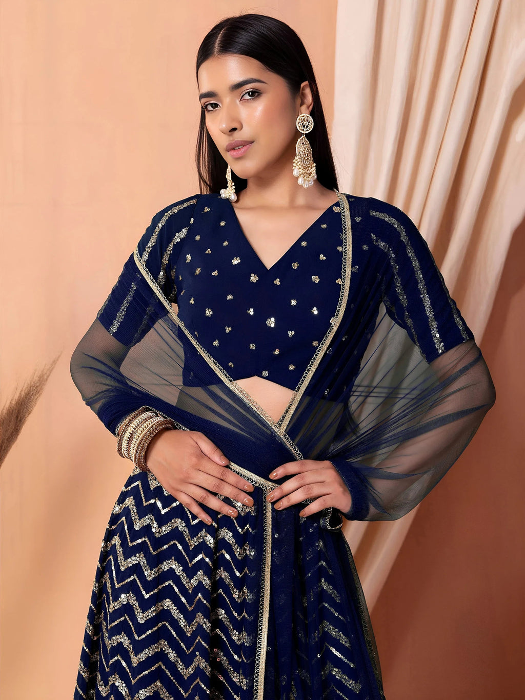 Navy Lovely Zari Embroidered Georgette Reception Wear Lehenga Choli
