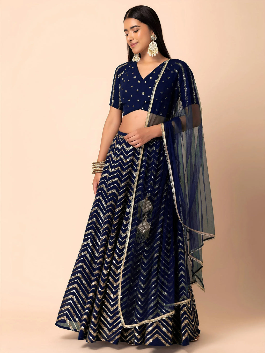Navy Lovely Zari Embroidered Georgette Reception Wear Lehenga Choli
