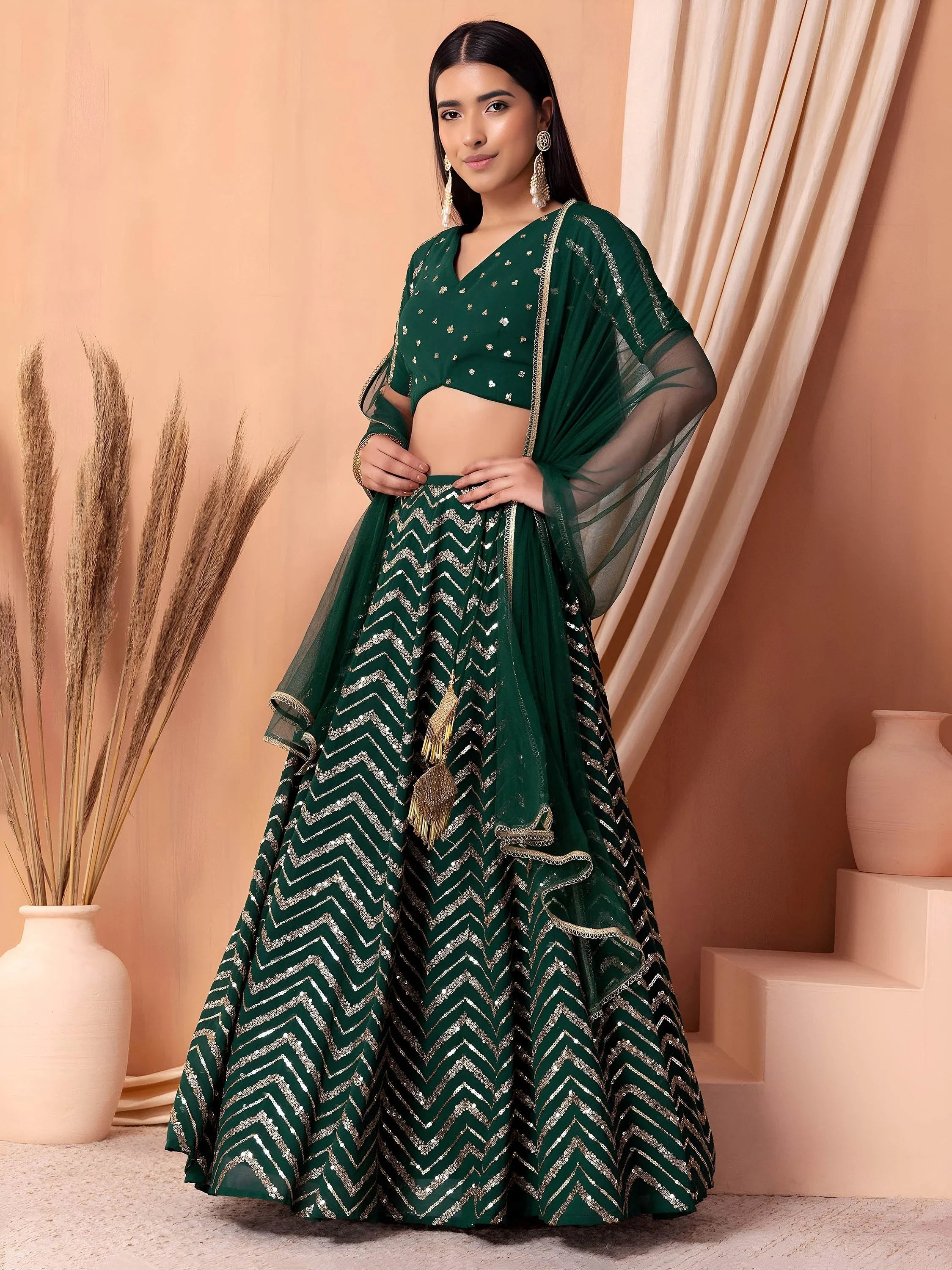 Green Lovely Zari Embroidered Georgette Reception Wear Lehenga Choli
