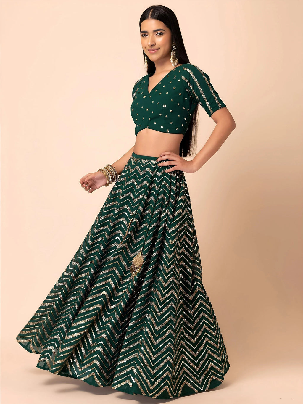 Green Lovely Zari Embroidered Georgette Reception Wear Lehenga Choli