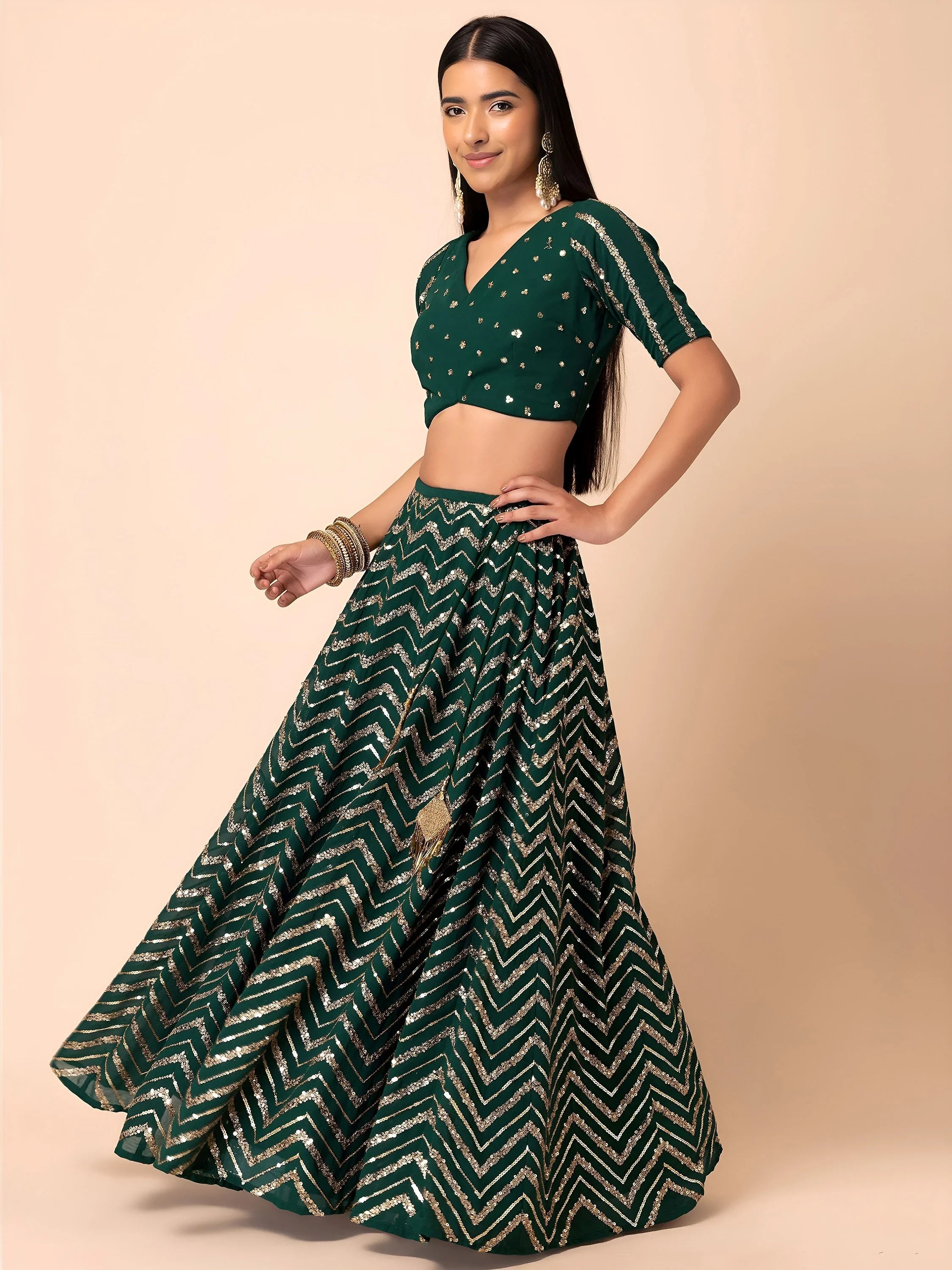 Green Lovely Zari Embroidered Georgette Reception Wear Lehenga Choli