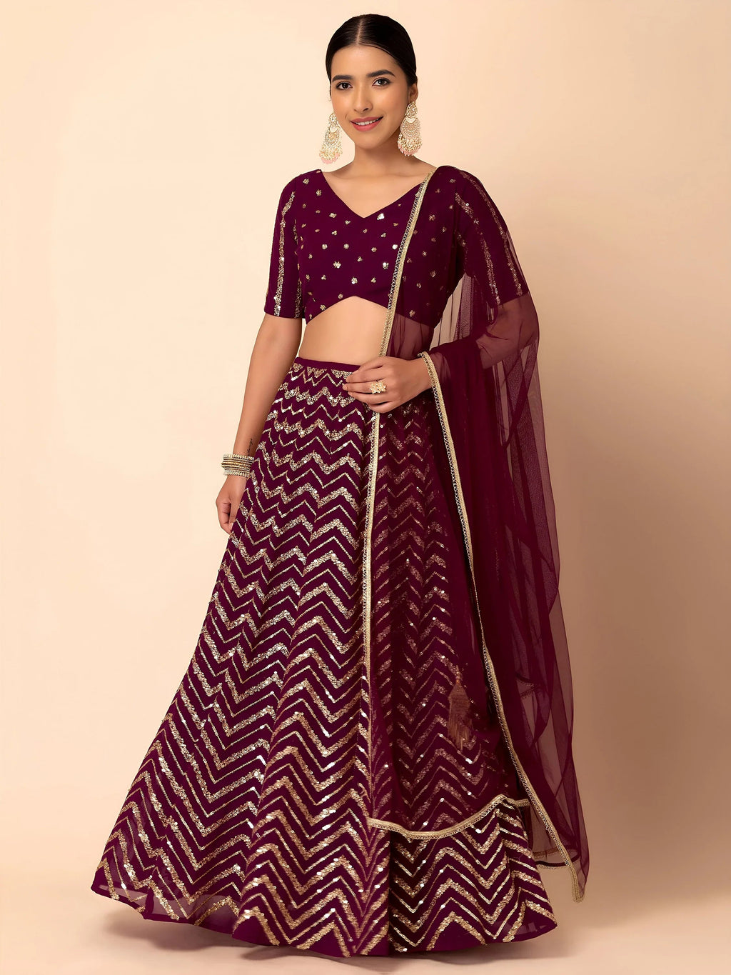 Maroon Lovely Zari Embroidered Georgette Reception Wear Lehenga Choli