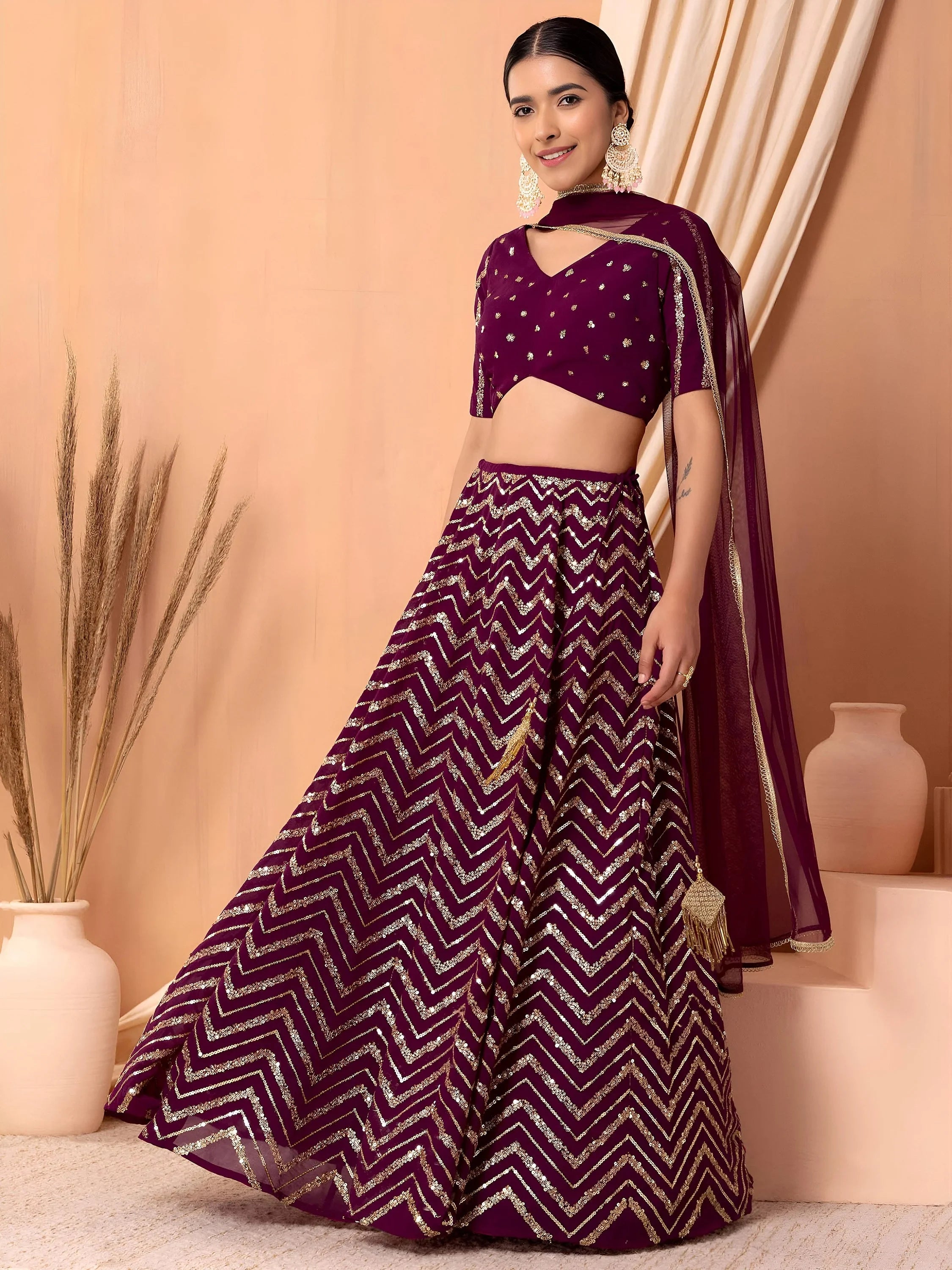 Maroon Lovely Zari Embroidered Georgette Reception Wear Lehenga Choli