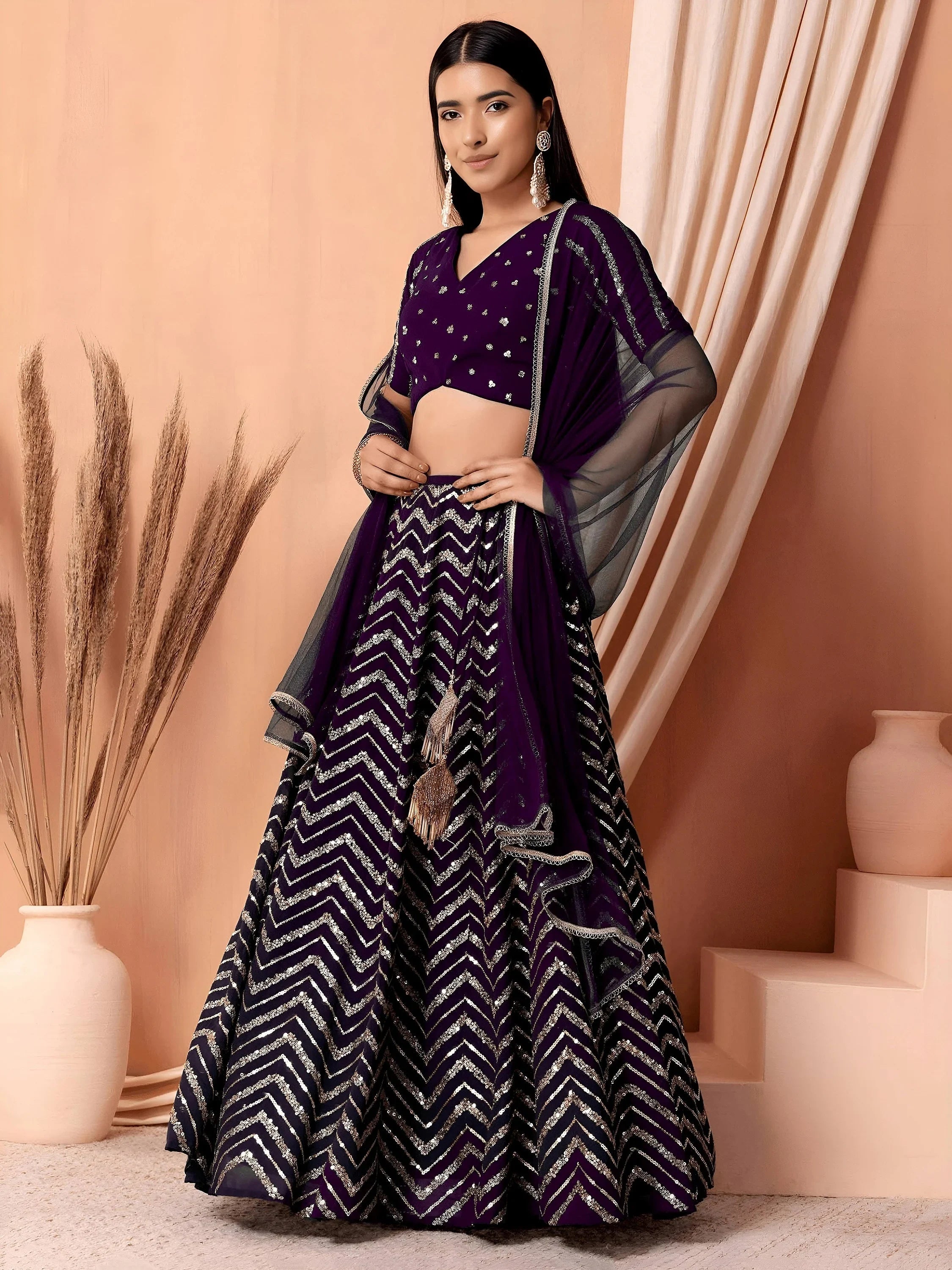 Purple Lovely Zari Embroidered Georgette Reception Wear Lehenga Choli