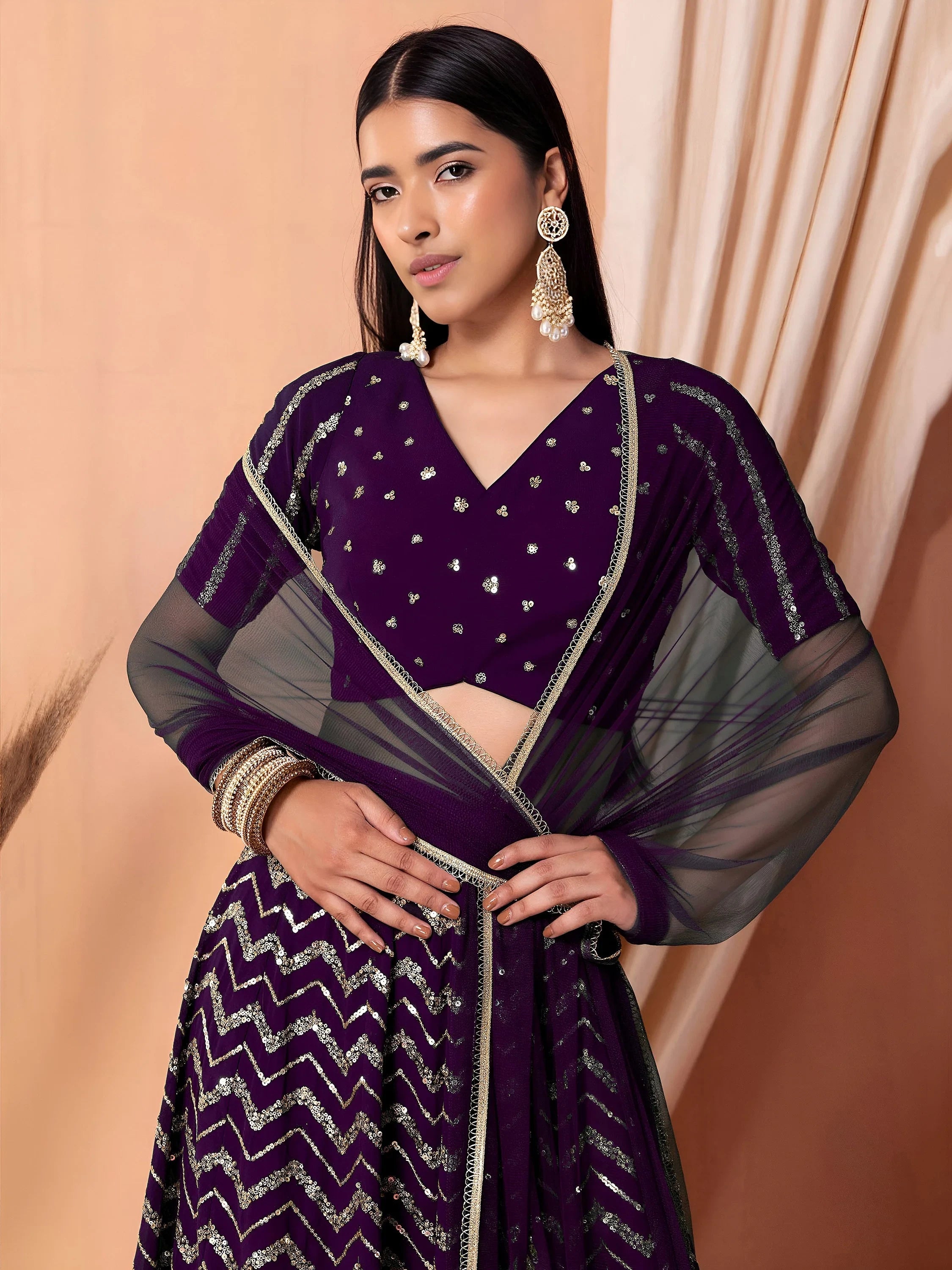 Purple Lovely Zari Embroidered Georgette Reception Wear Lehenga Choli