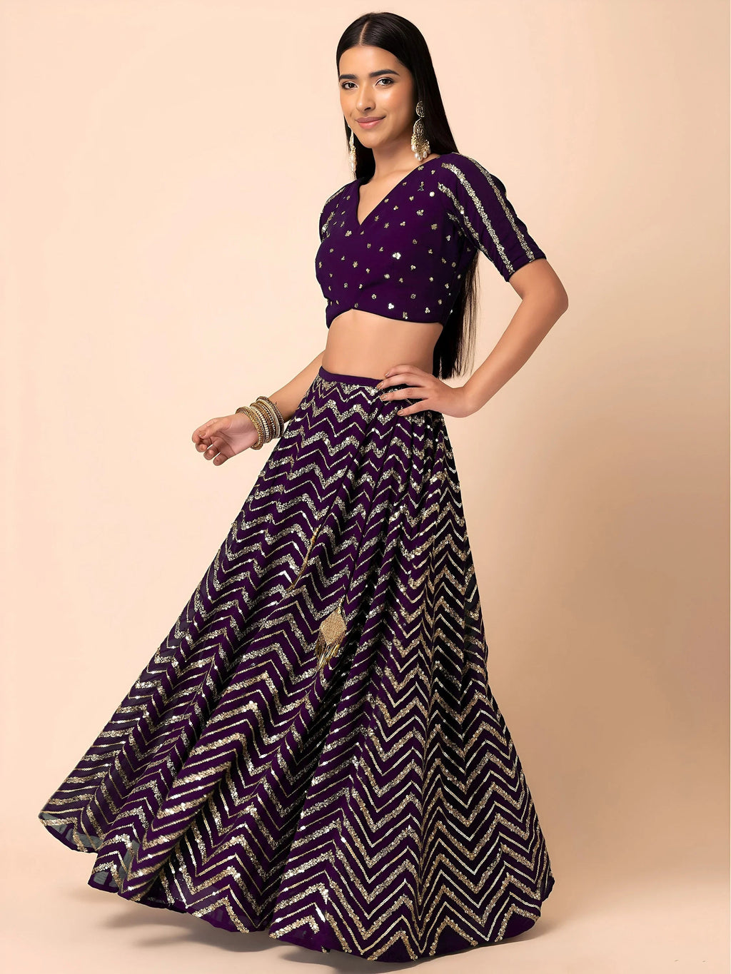 Purple Lovely Zari Embroidered Georgette Reception Wear Lehenga Choli