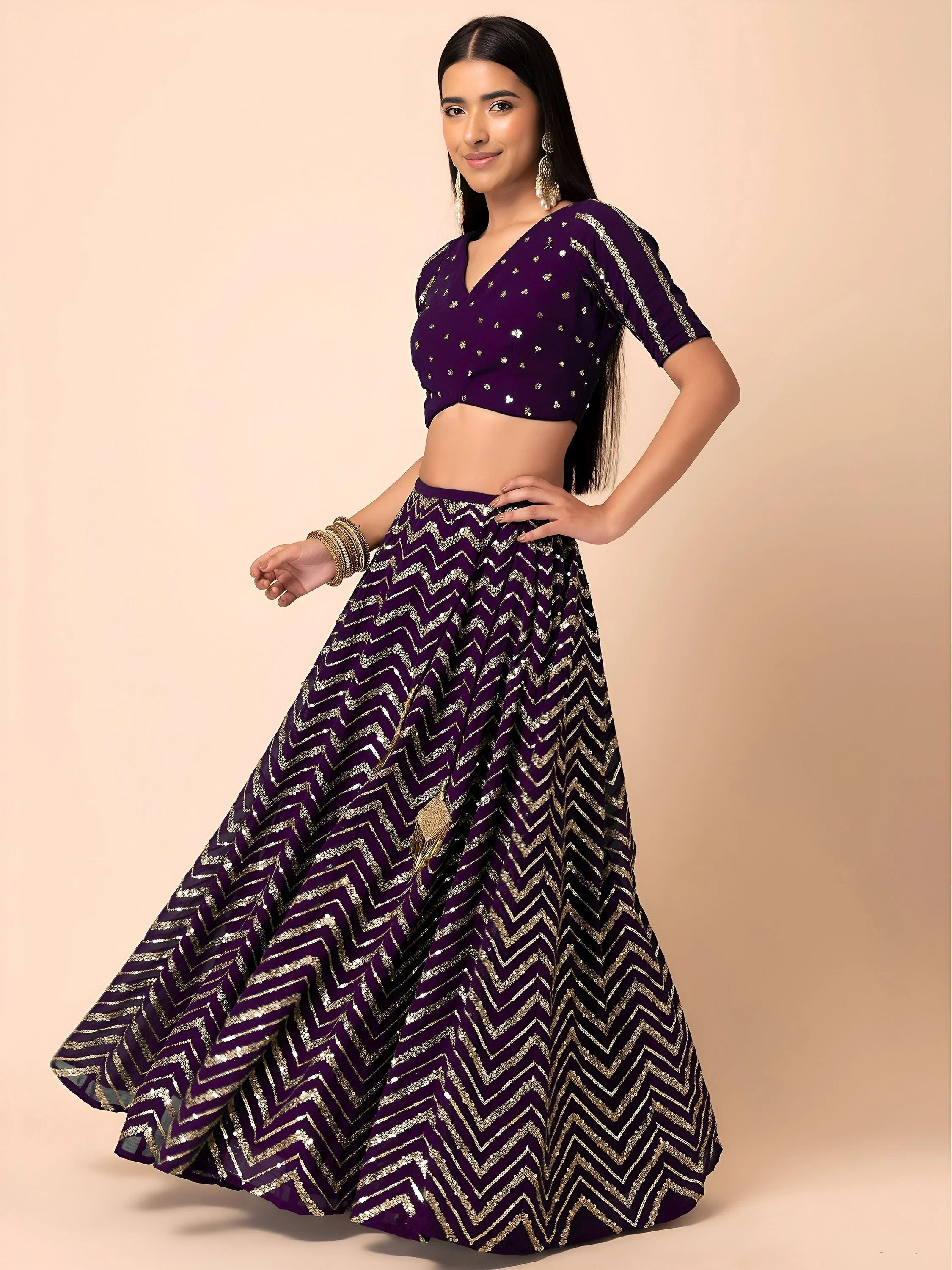 Purple Lovely Zari Embroidered Georgette Reception Wear Lehenga Choli