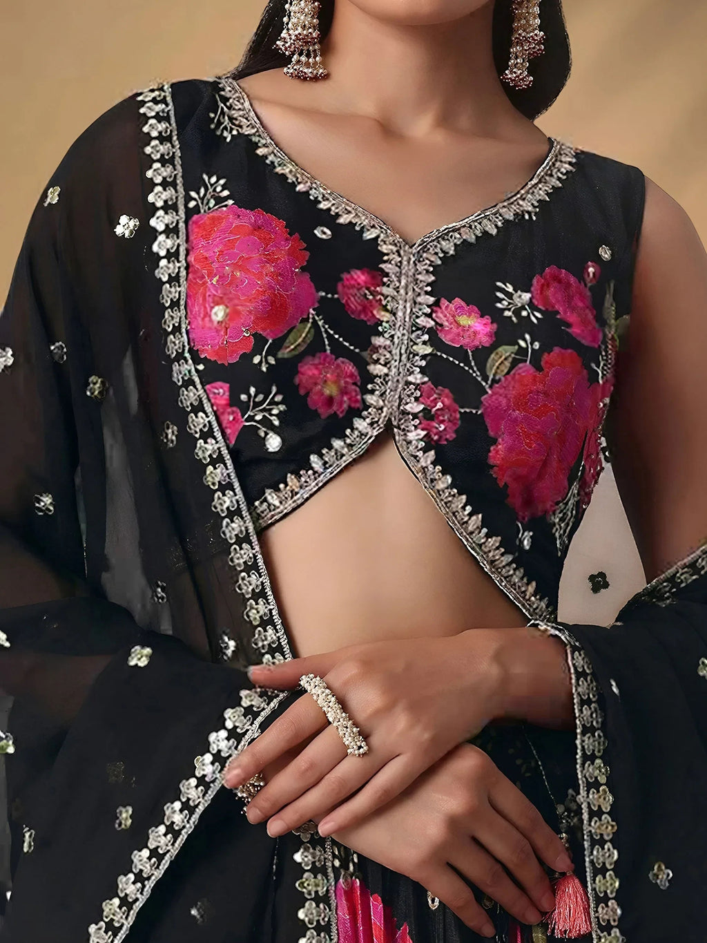 Black Pretty Chinon Floral Printed Lehenga Choli