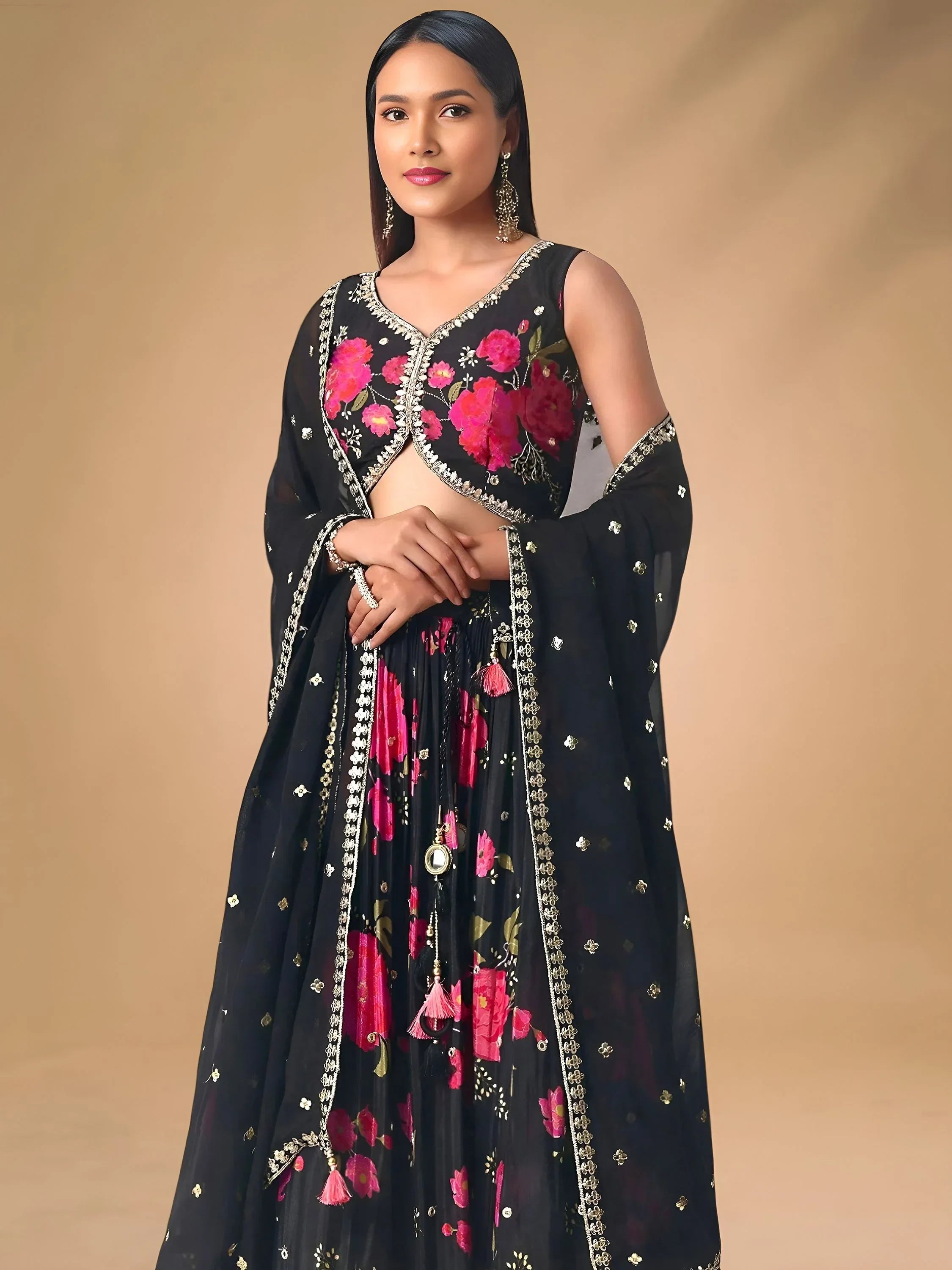 Black Pretty Chinon Floral Printed Lehenga Choli