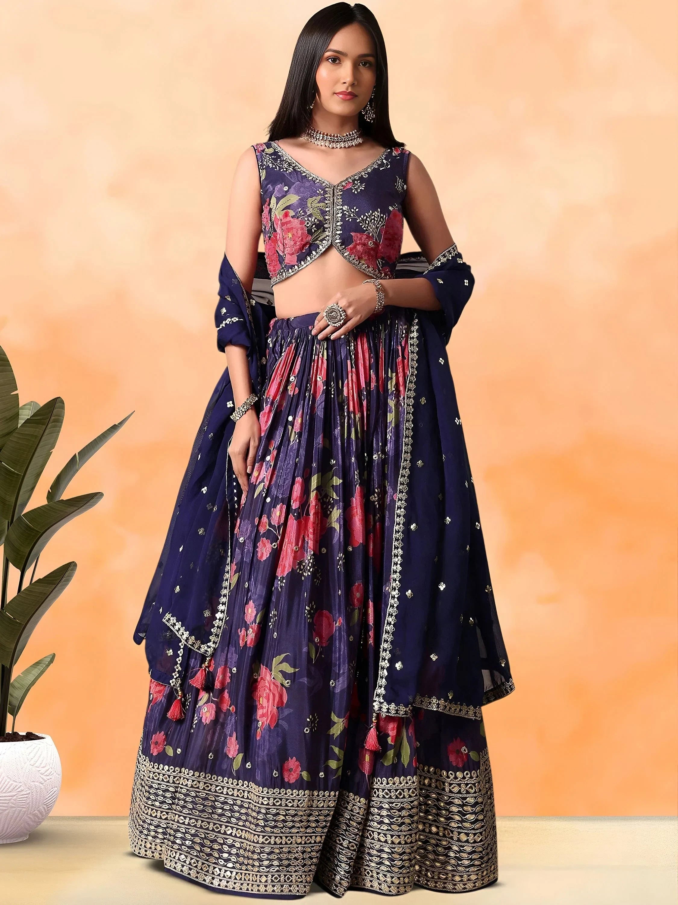 Purple Pretty Chinon Floral Printed Lehenga Choli