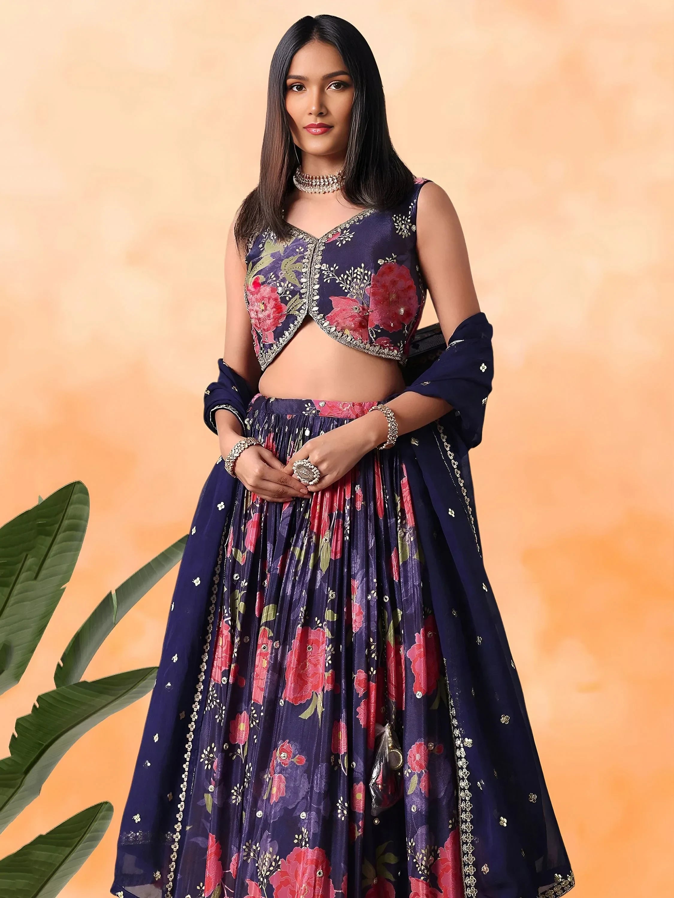 Purple Pretty Chinon Floral Printed Lehenga Choli