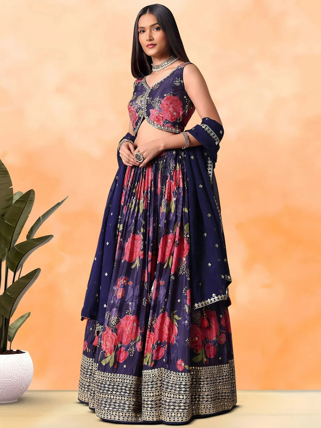 Purple Pretty Chinon Floral Printed Lehenga Choli