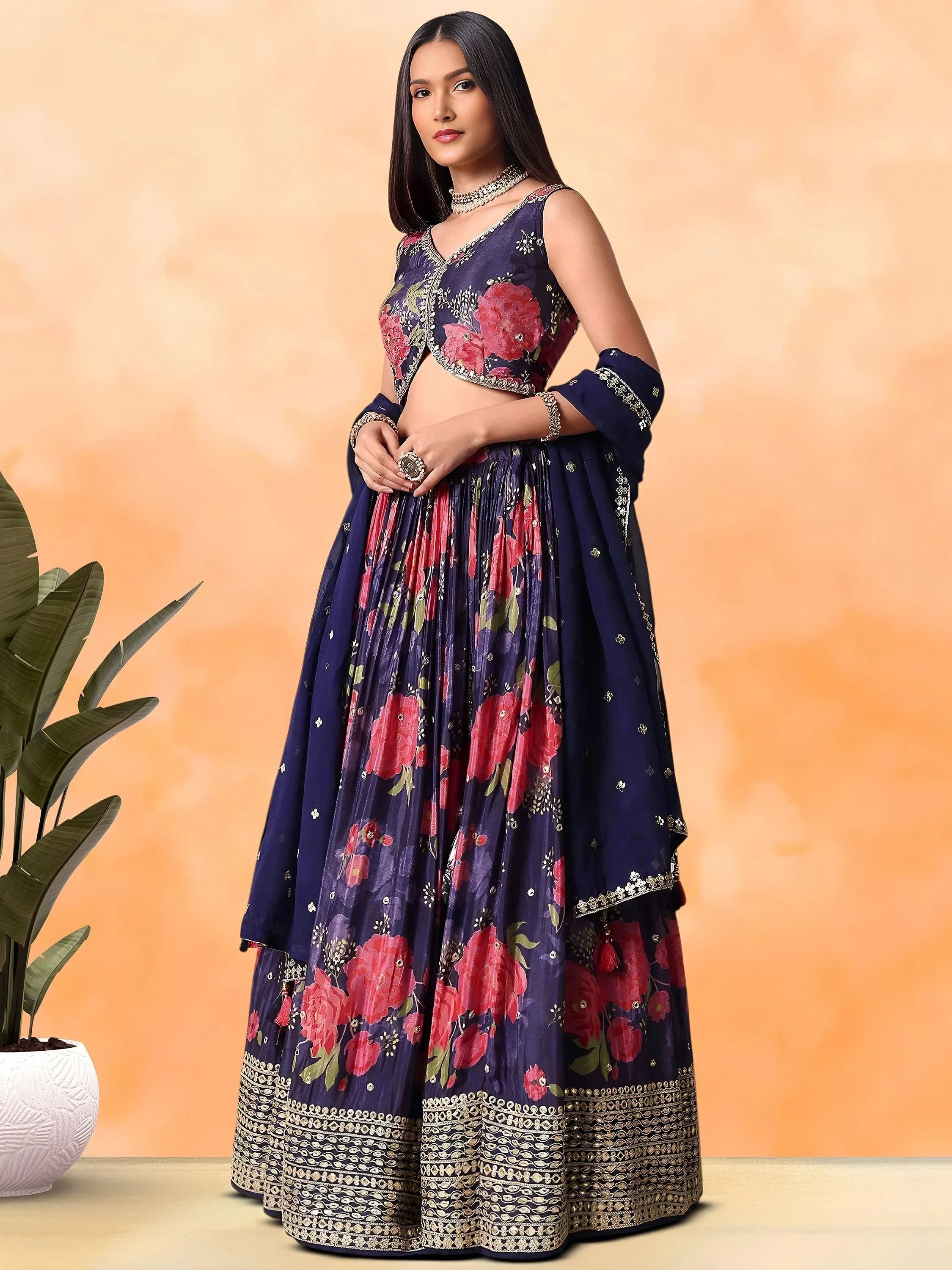 Purple Pretty Chinon Floral Printed Lehenga Choli