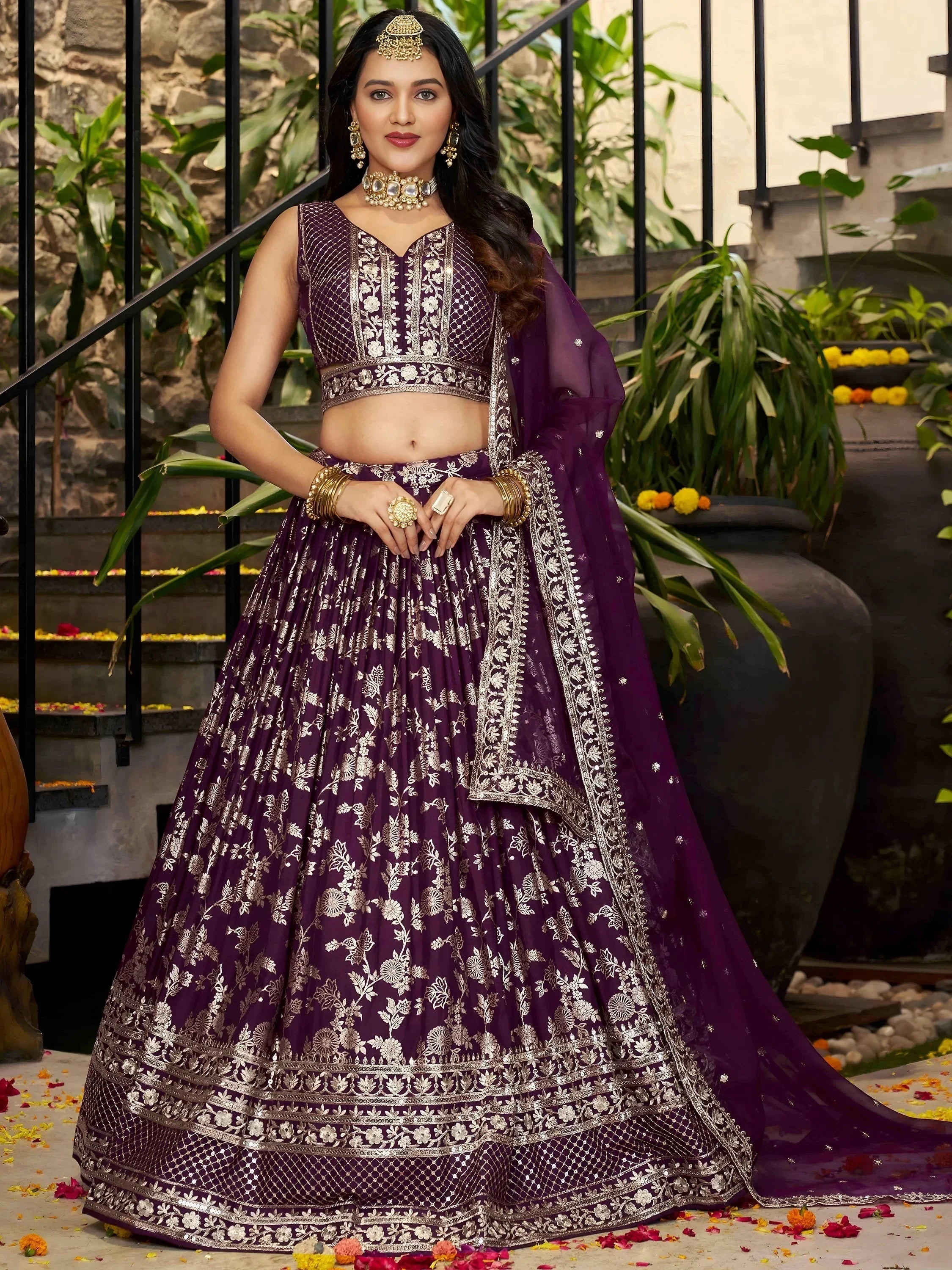 Wine Delicate Silk Zari Embroidered Lehenga Choli With Dupatta