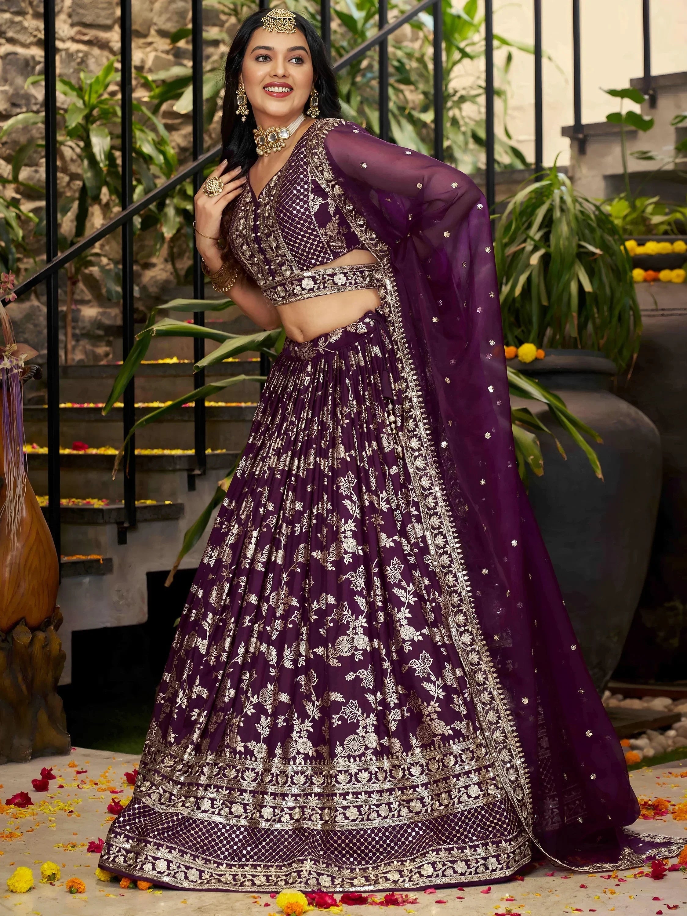 Wine Delicate Silk Zari Embroidered Lehenga Choli With Dupatta
